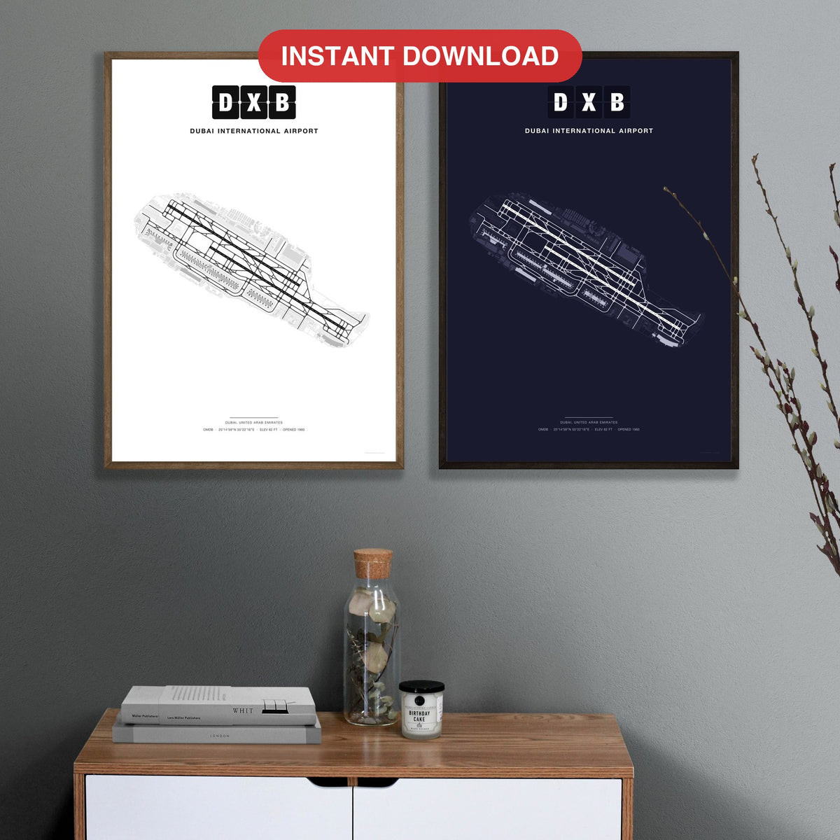 DXB Dubai International Airport map - Classic and Dark styles, instant download, square lead