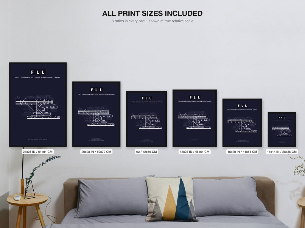 FLL Fort Lauderdale-Hollywood International Airport map - all print sizes included, Dark