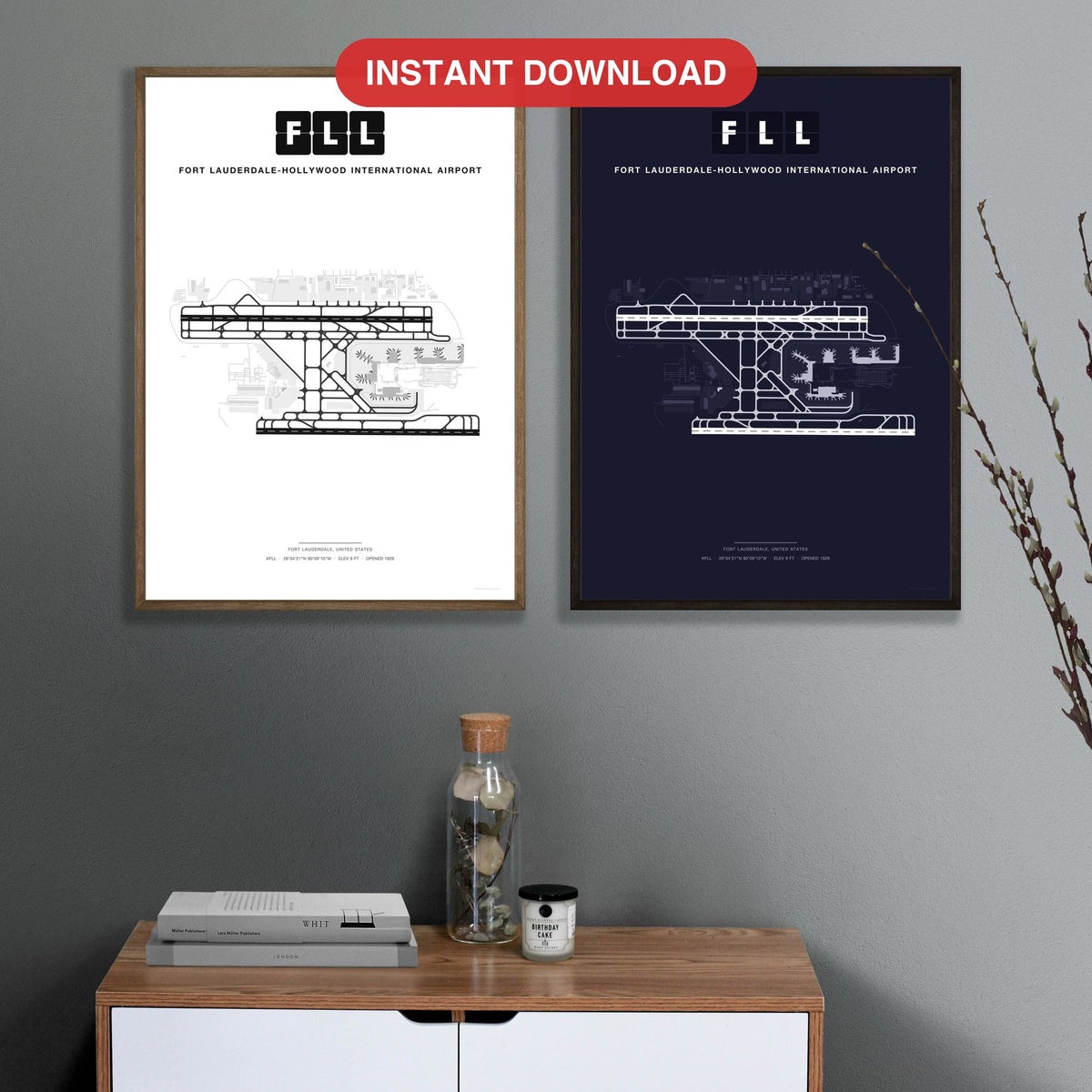 FLL Fort Lauderdale-Hollywood International Airport map - Classic and Dark styles, instant download, square lead