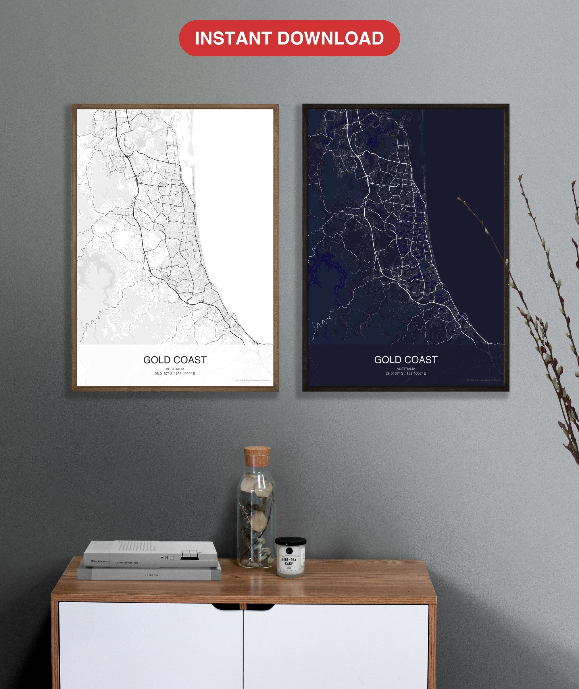Gold Coast map digital download - Classic and Dark styles, instant download