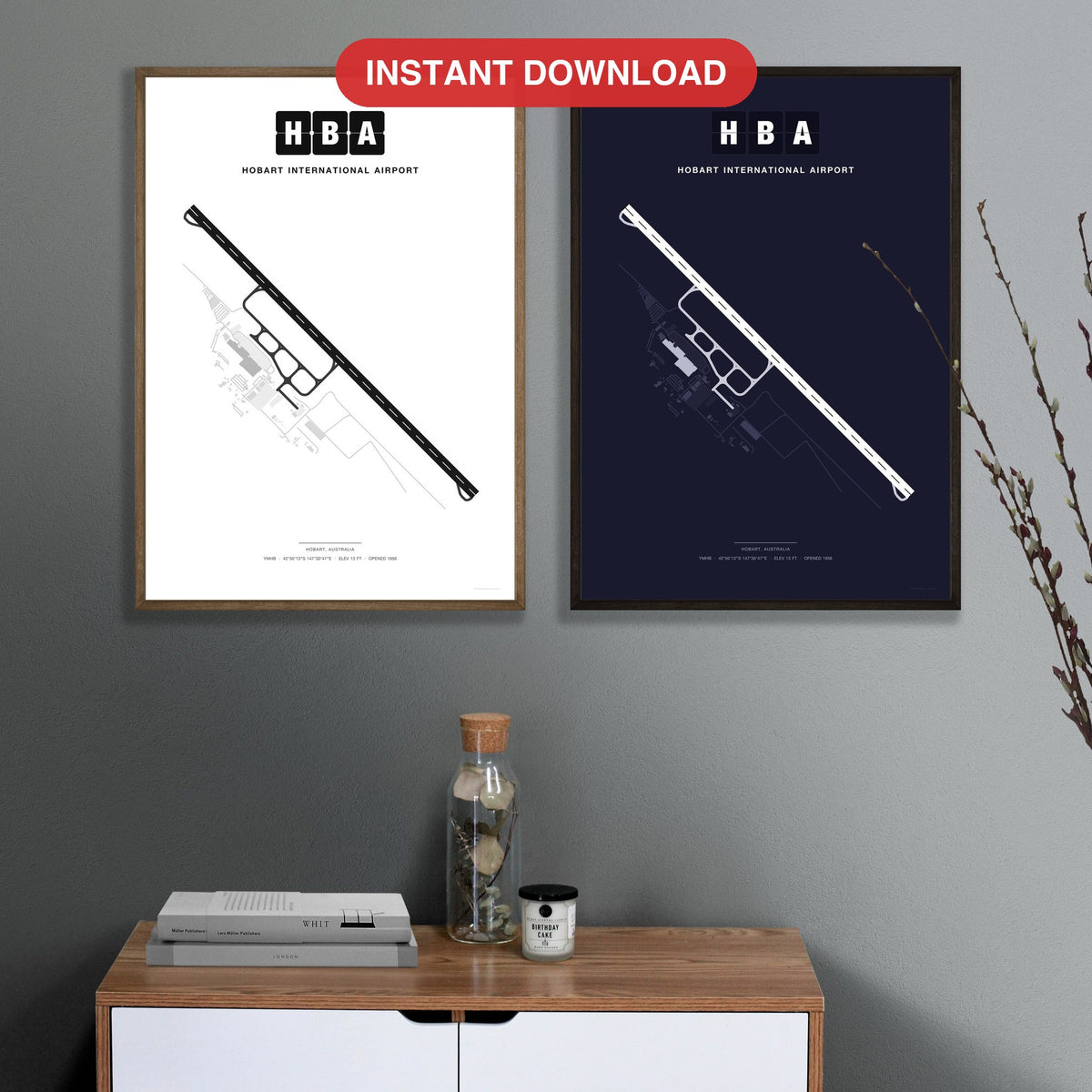 HBA Hobart International Airport map - Classic and Dark styles, instant download, square lead