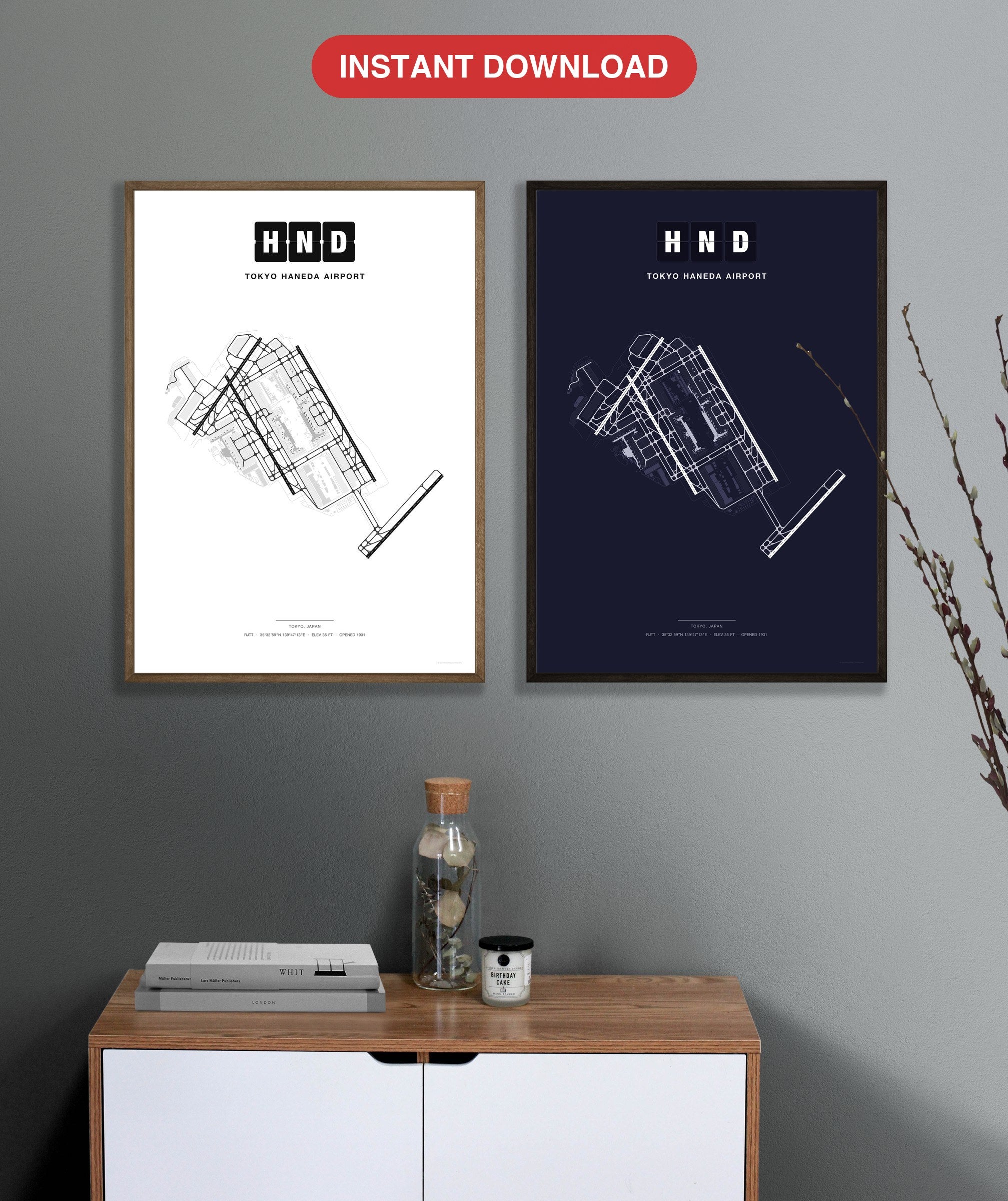 HND Tokyo Haneda Airport map - Classic and Dark styles, instant download