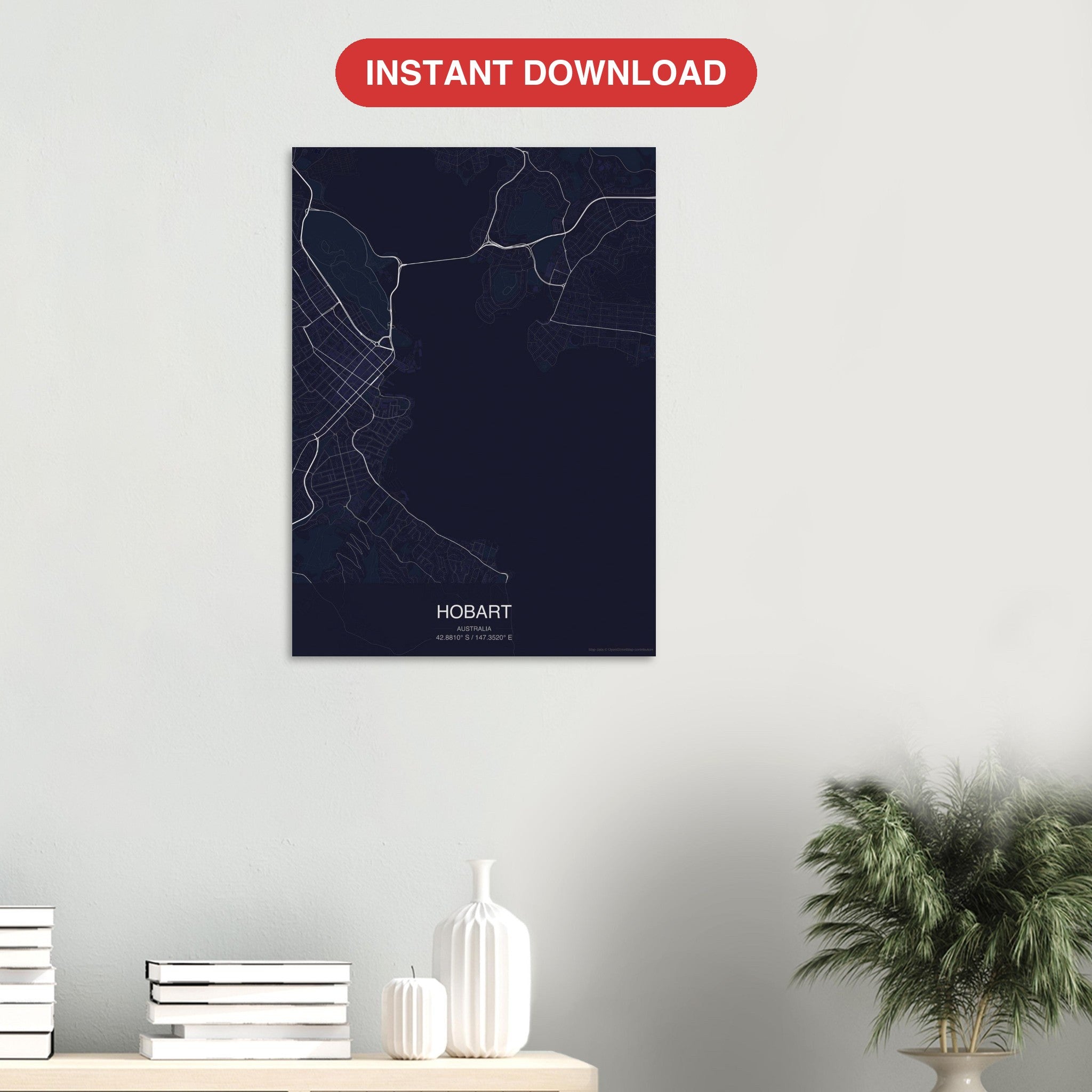 Hobart map digital download — Dark style, instant download