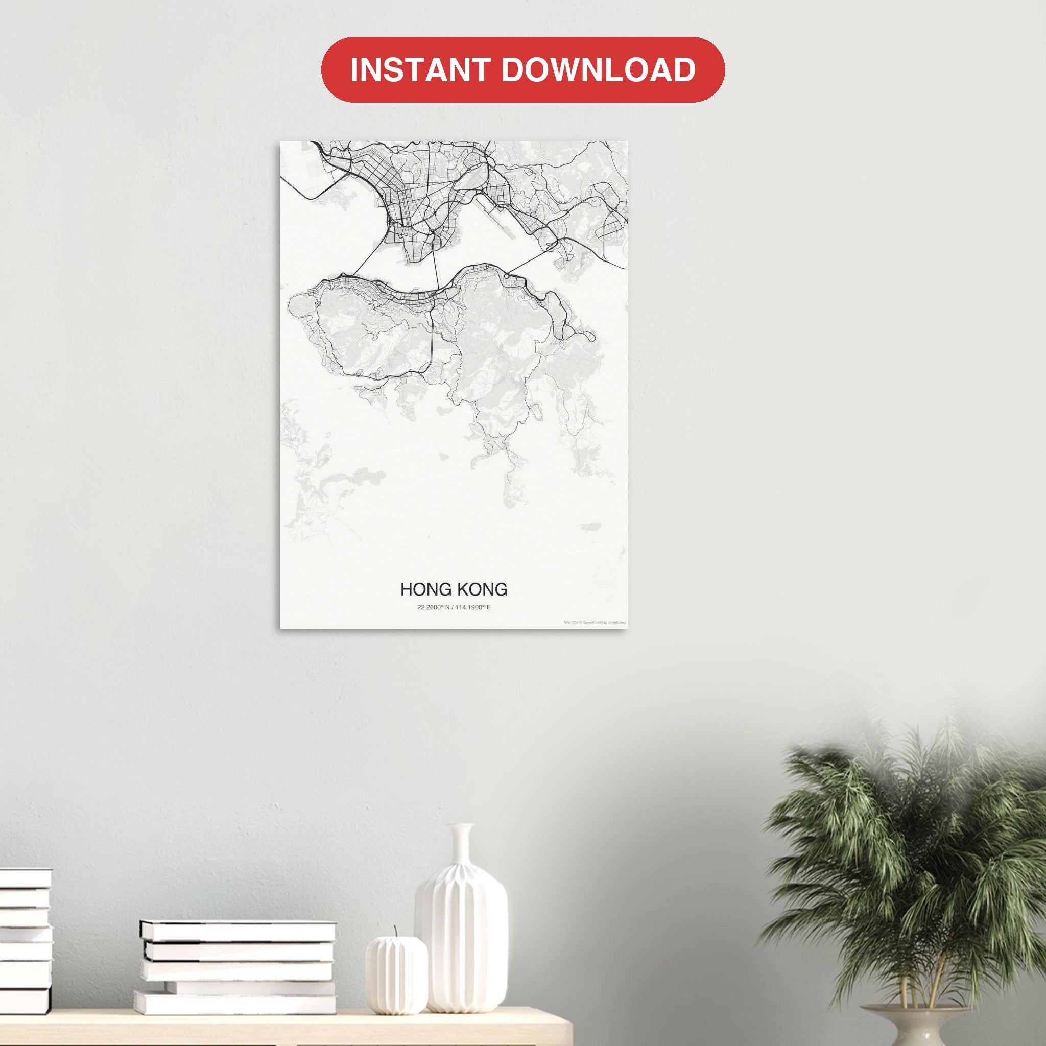 Hong Kong map digital download — Classic style, instant download