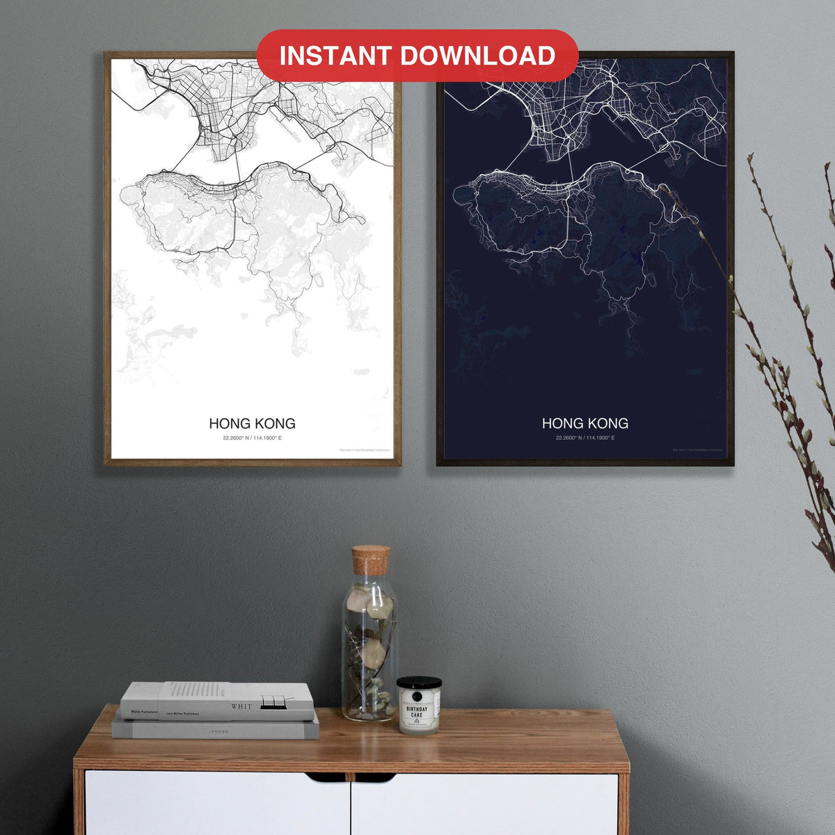 Hong Kong map digital download - Classic and Dark styles, instant download, square lead
