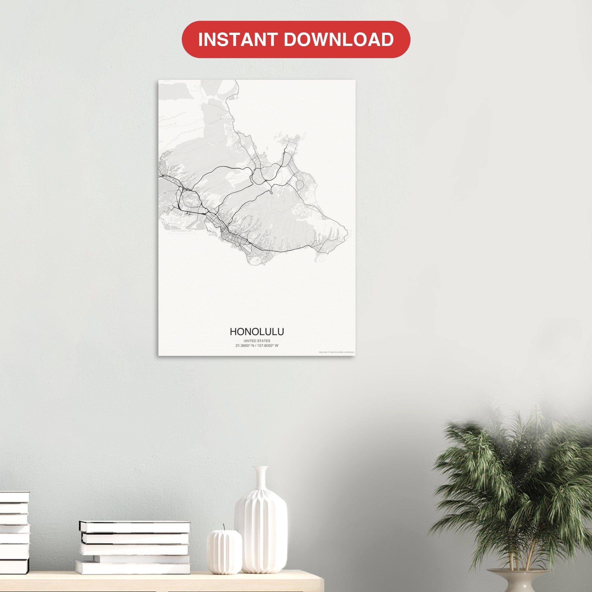 Honolulu map digital download — Classic style, instant download
