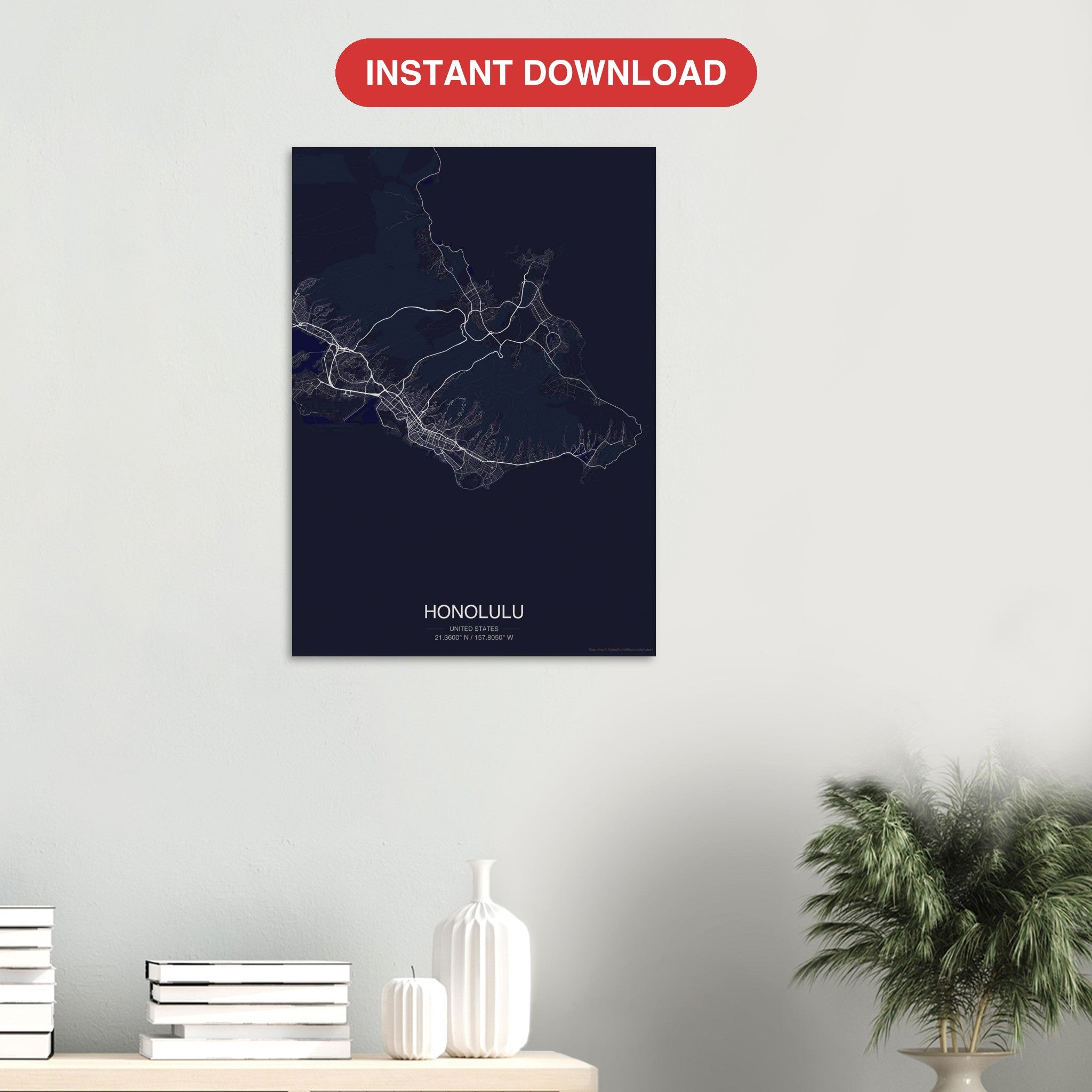 Honolulu map digital download — Dark style, instant download