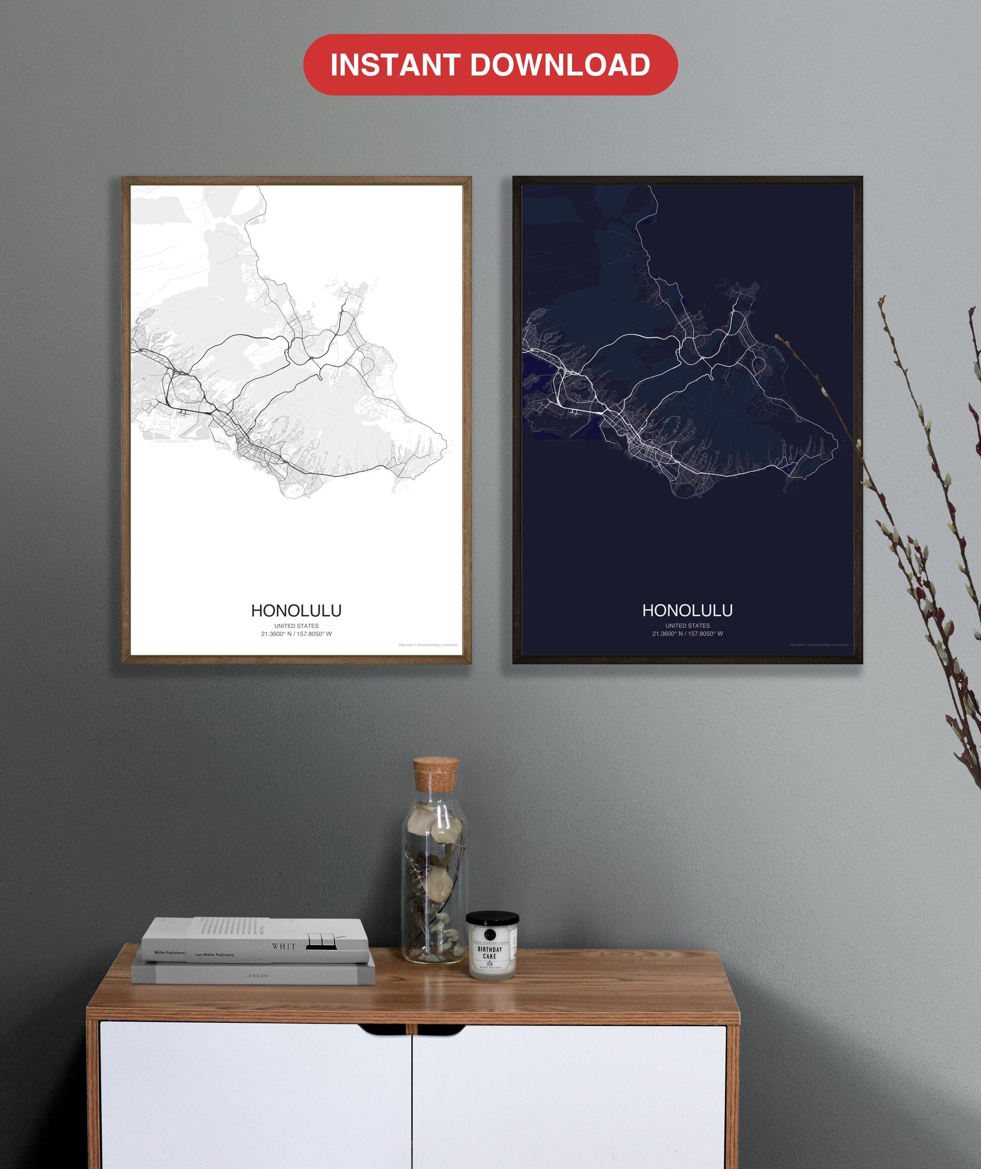 Honolulu map digital download - Classic and Dark styles, instant download