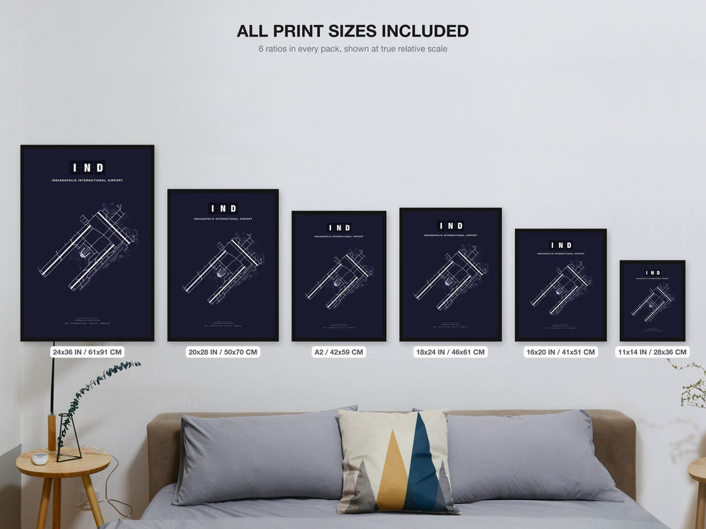IND Indianapolis International Airport map - all print sizes included, Dark