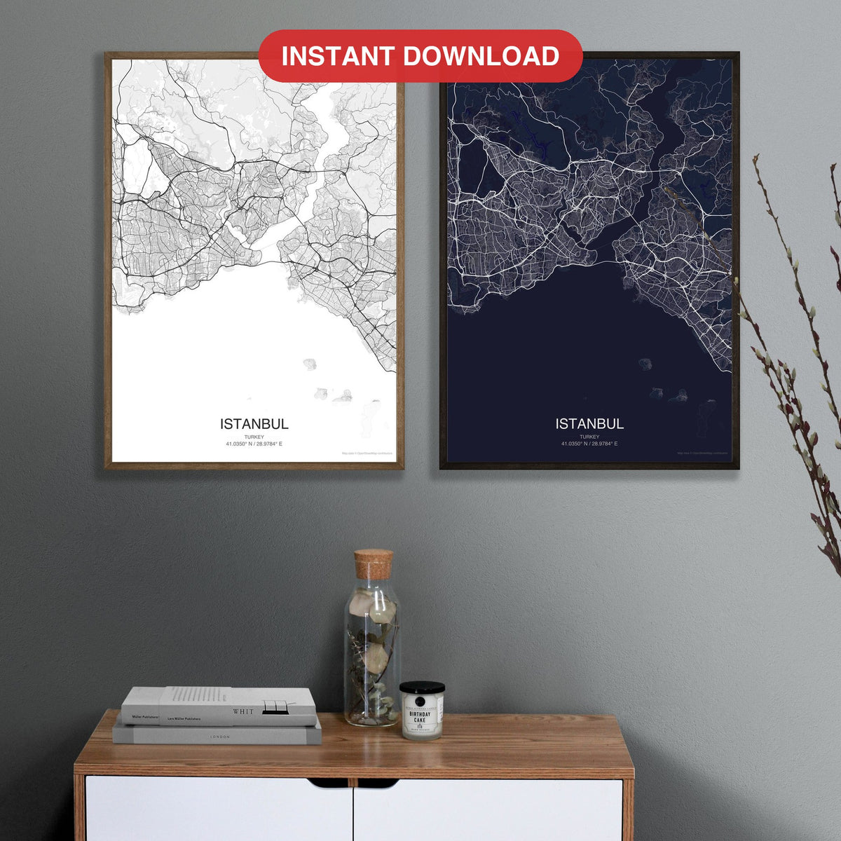 Istanbul map digital download - Classic and Dark styles, instant download, square lead