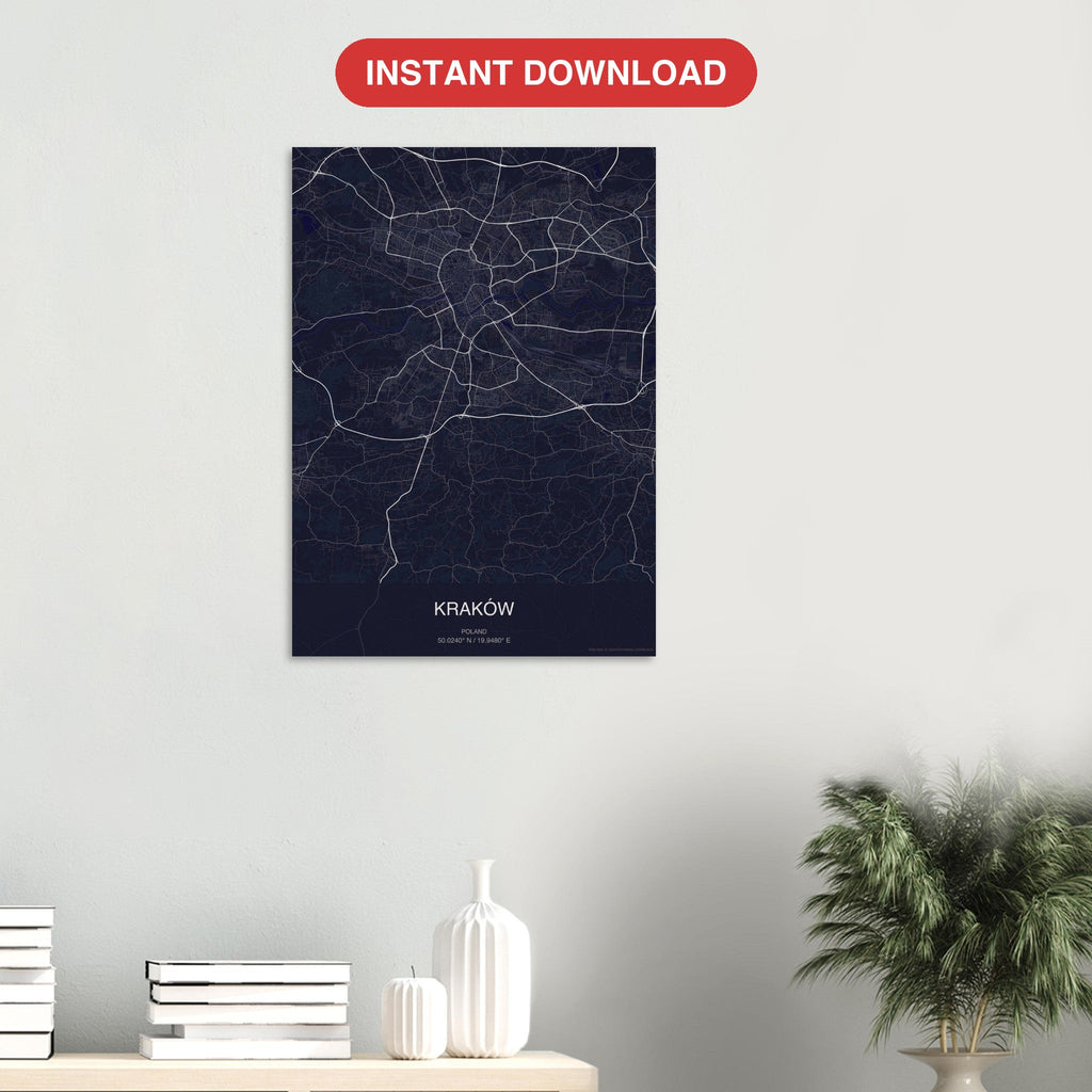 Kraków map digital download — Dark style, instant download