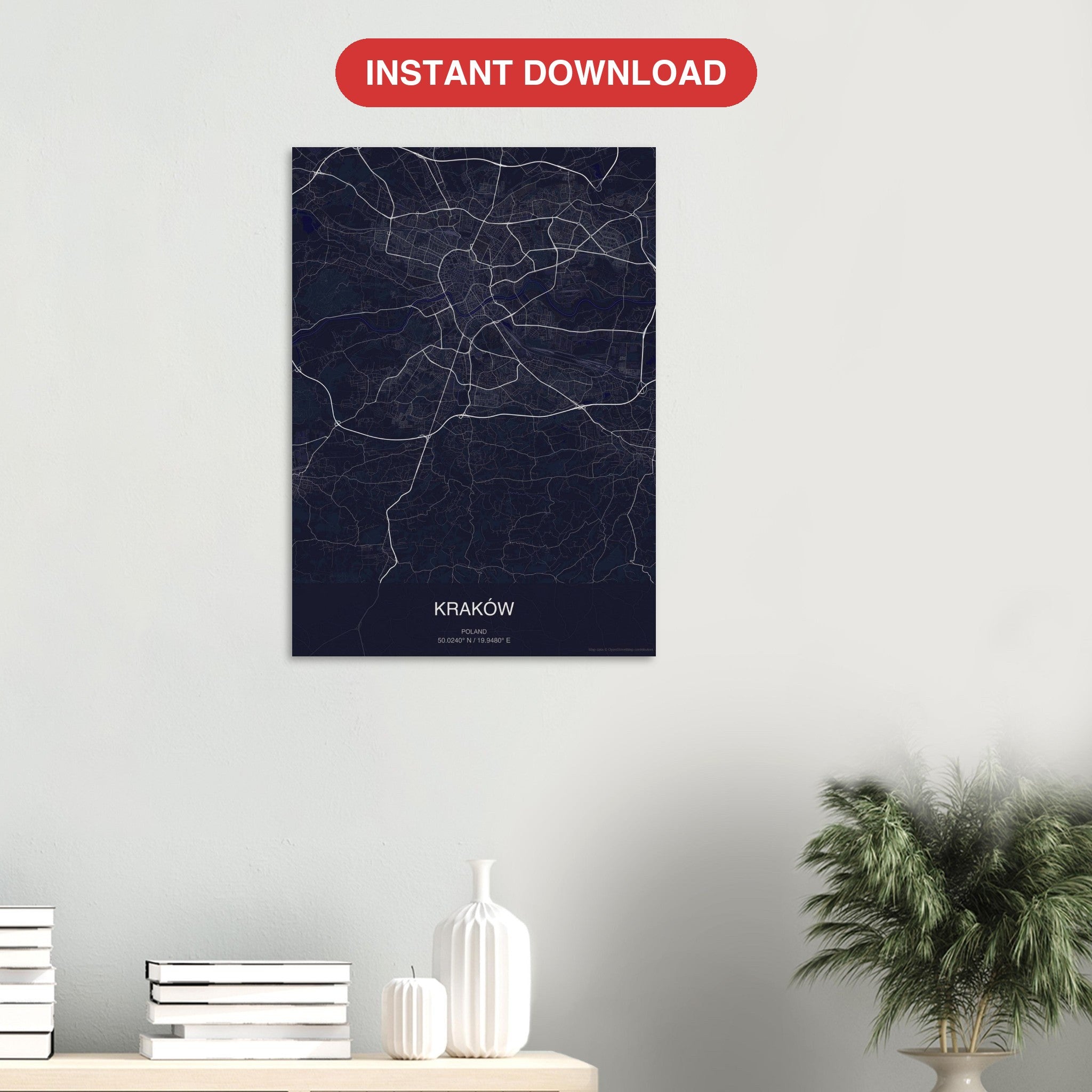Kraków map digital download — Dark style, instant download