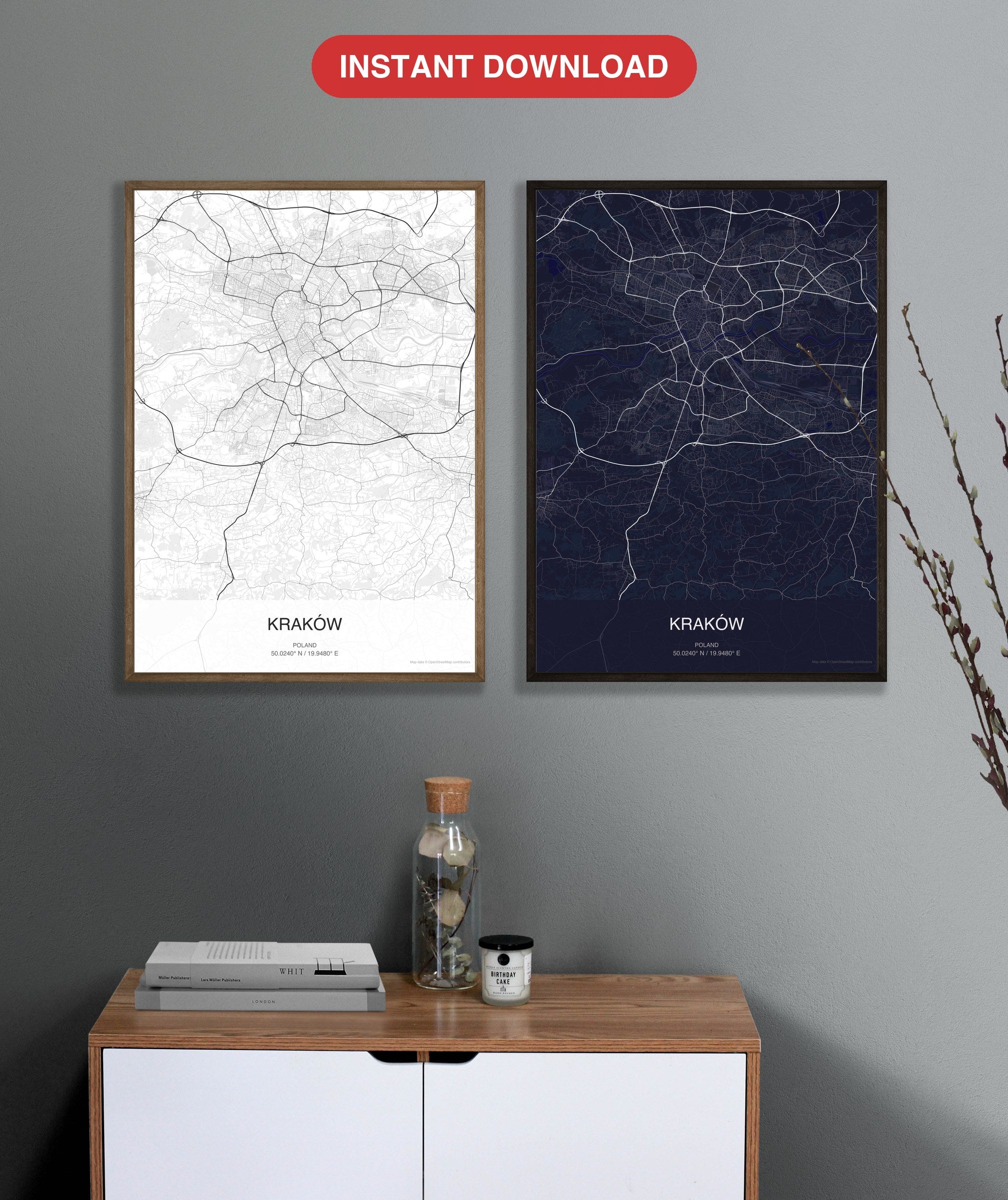 Kraków map digital download - Classic and Dark styles, instant download