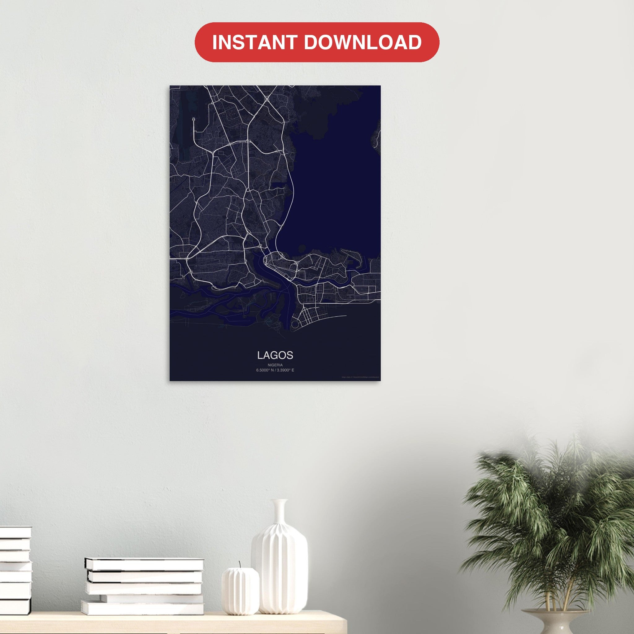Lagos map digital download — Dark style, instant download