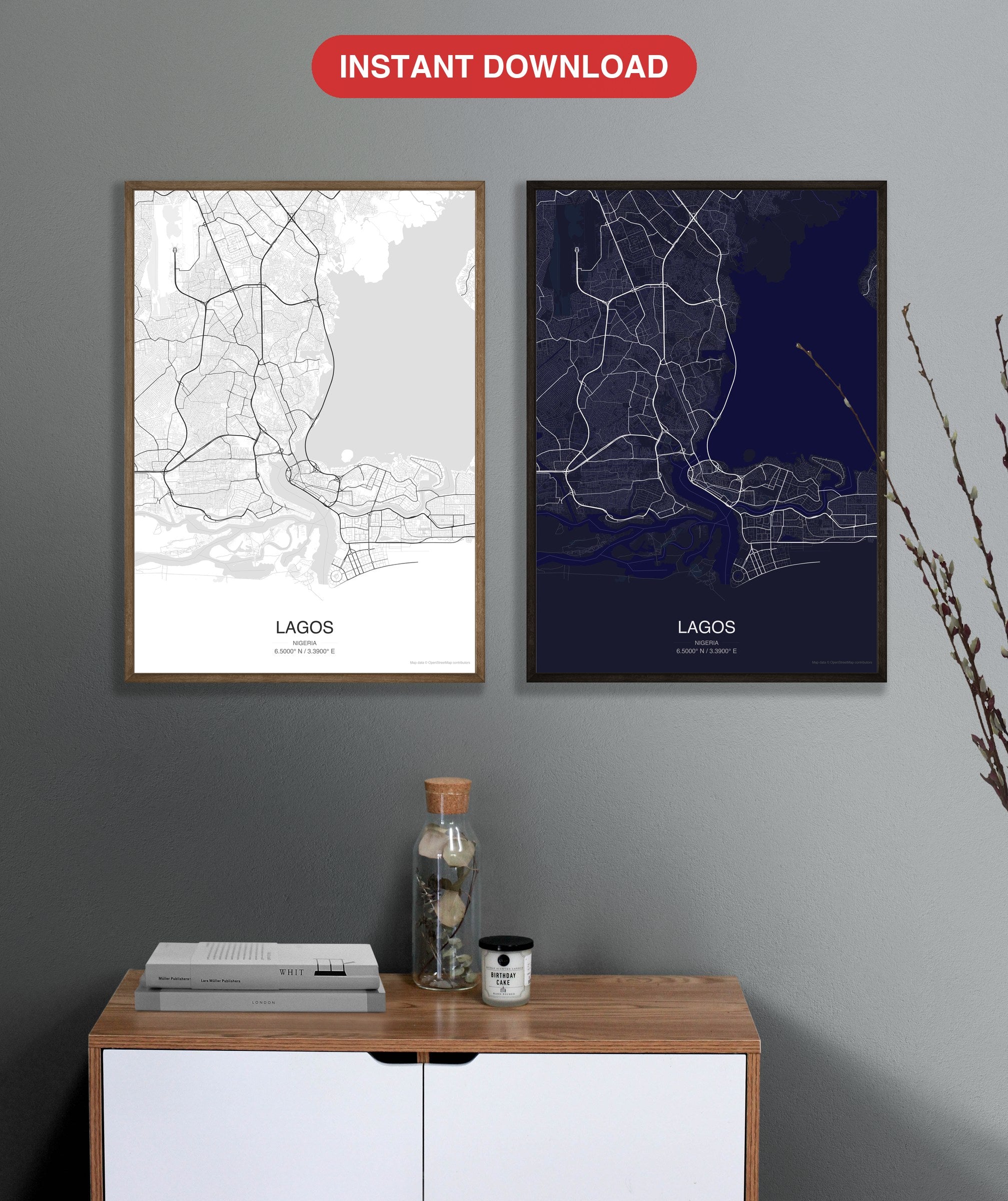 Lagos map digital download - Classic and Dark styles, instant download