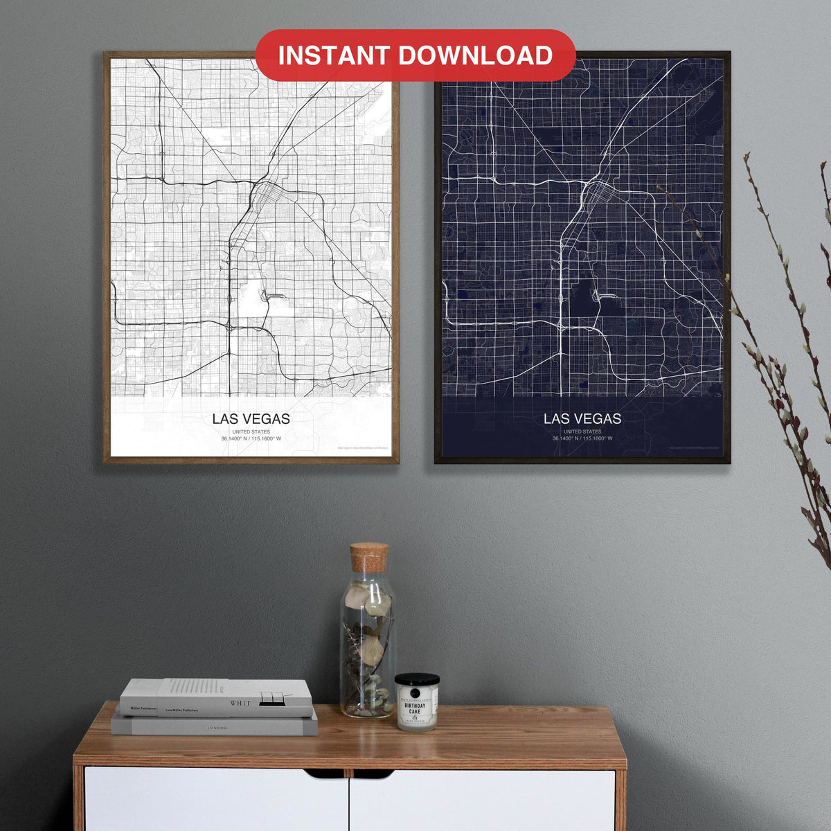 Las Vegas map digital download - Classic and Dark styles, instant download, square lead