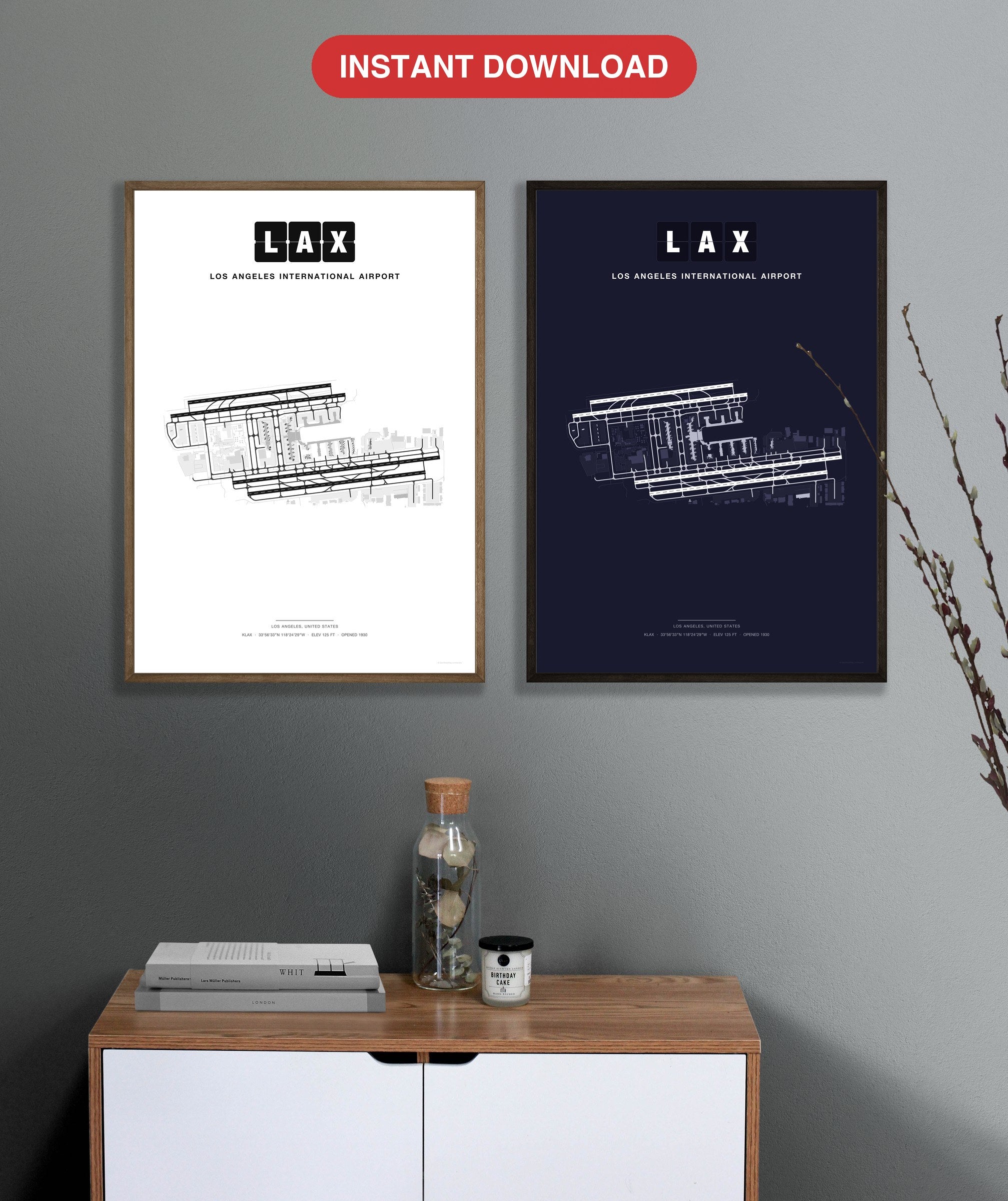 LAX Los Angeles International Airport map - Classic and Dark styles, instant download