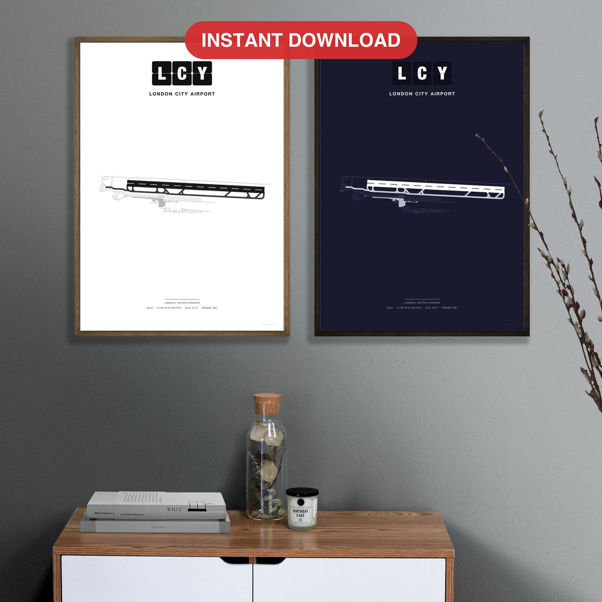 LCY London City Airport map - Classic and Dark styles, instant download, square lead
