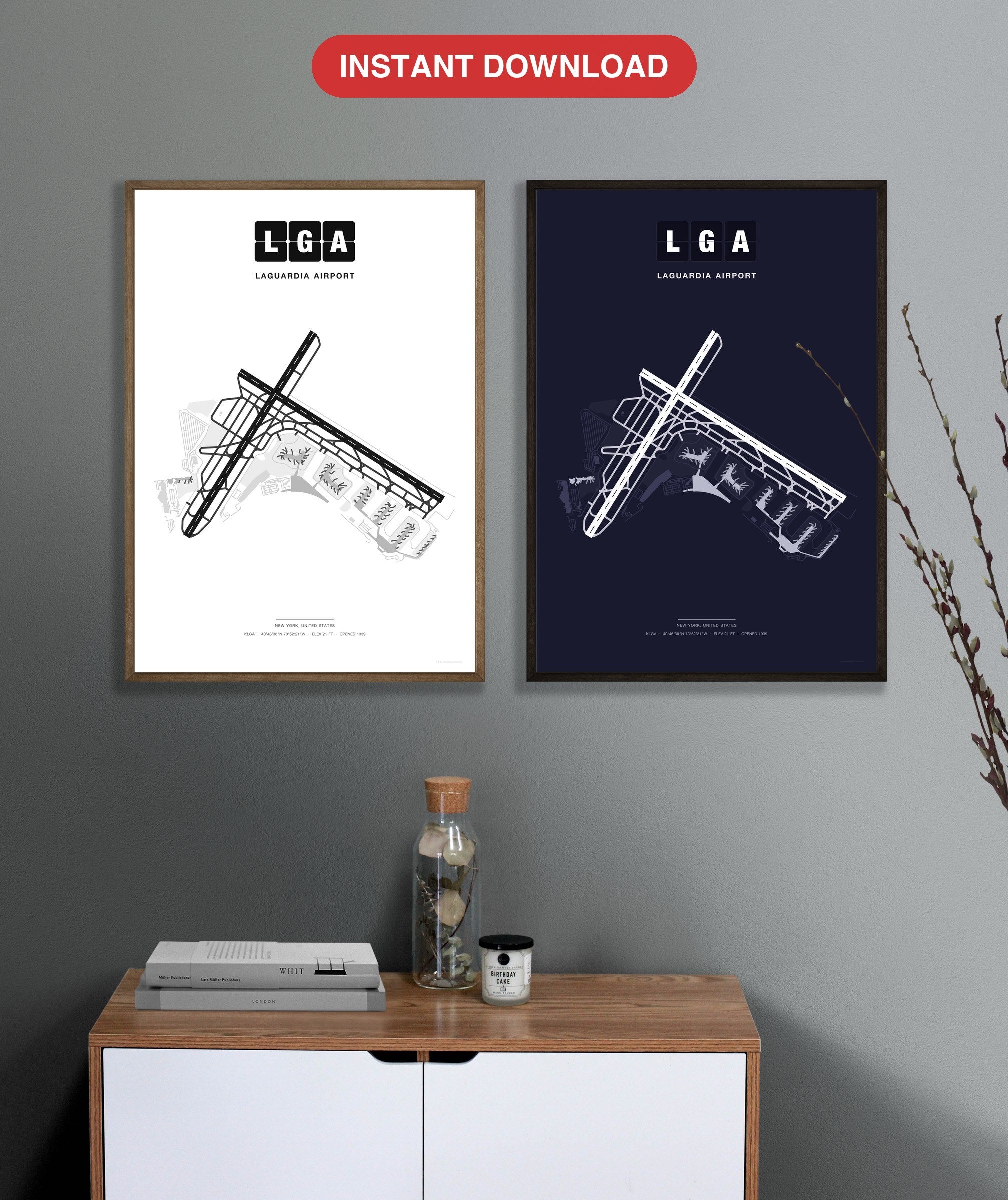 LGA LaGuardia Airport map - Classic and Dark styles, instant download