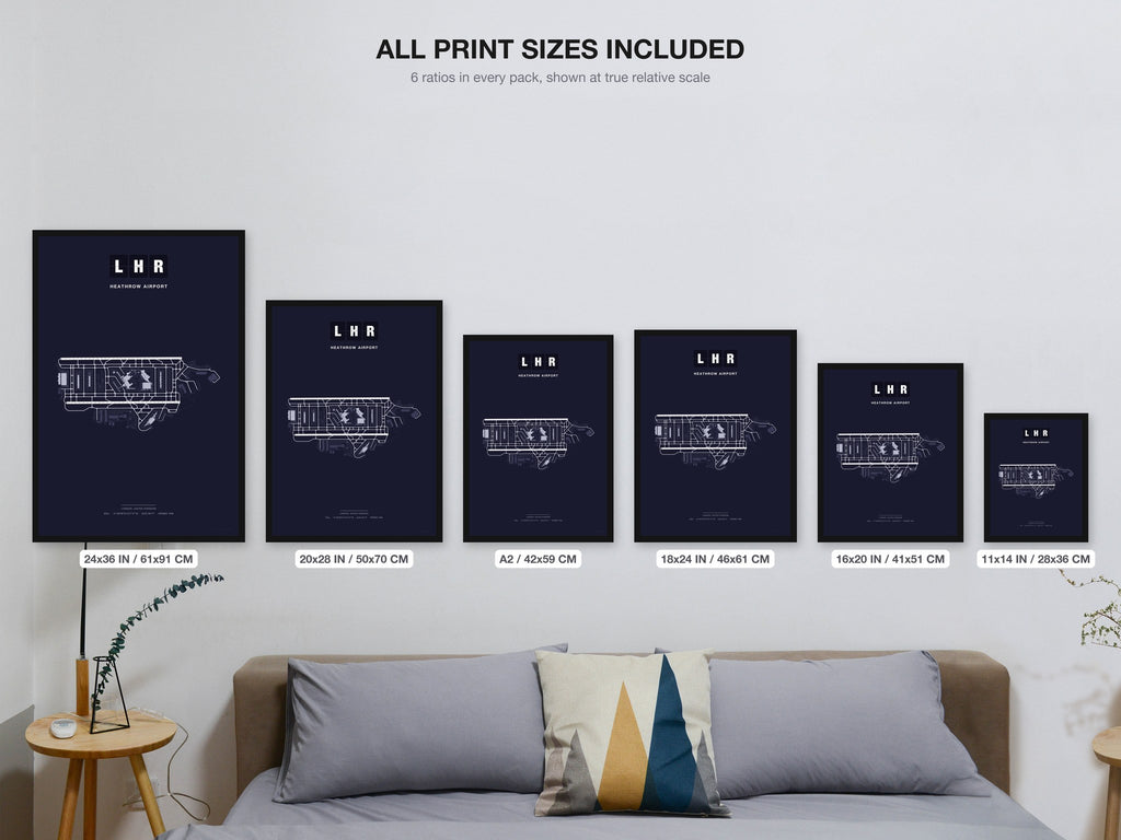 LHR Heathrow Airport map - all print sizes included, Dark
