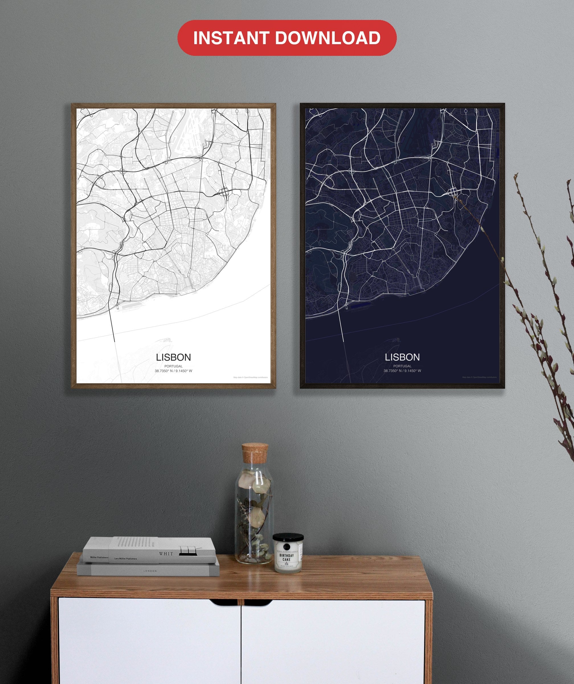 Lisbon map digital download - Classic and Dark styles, instant download