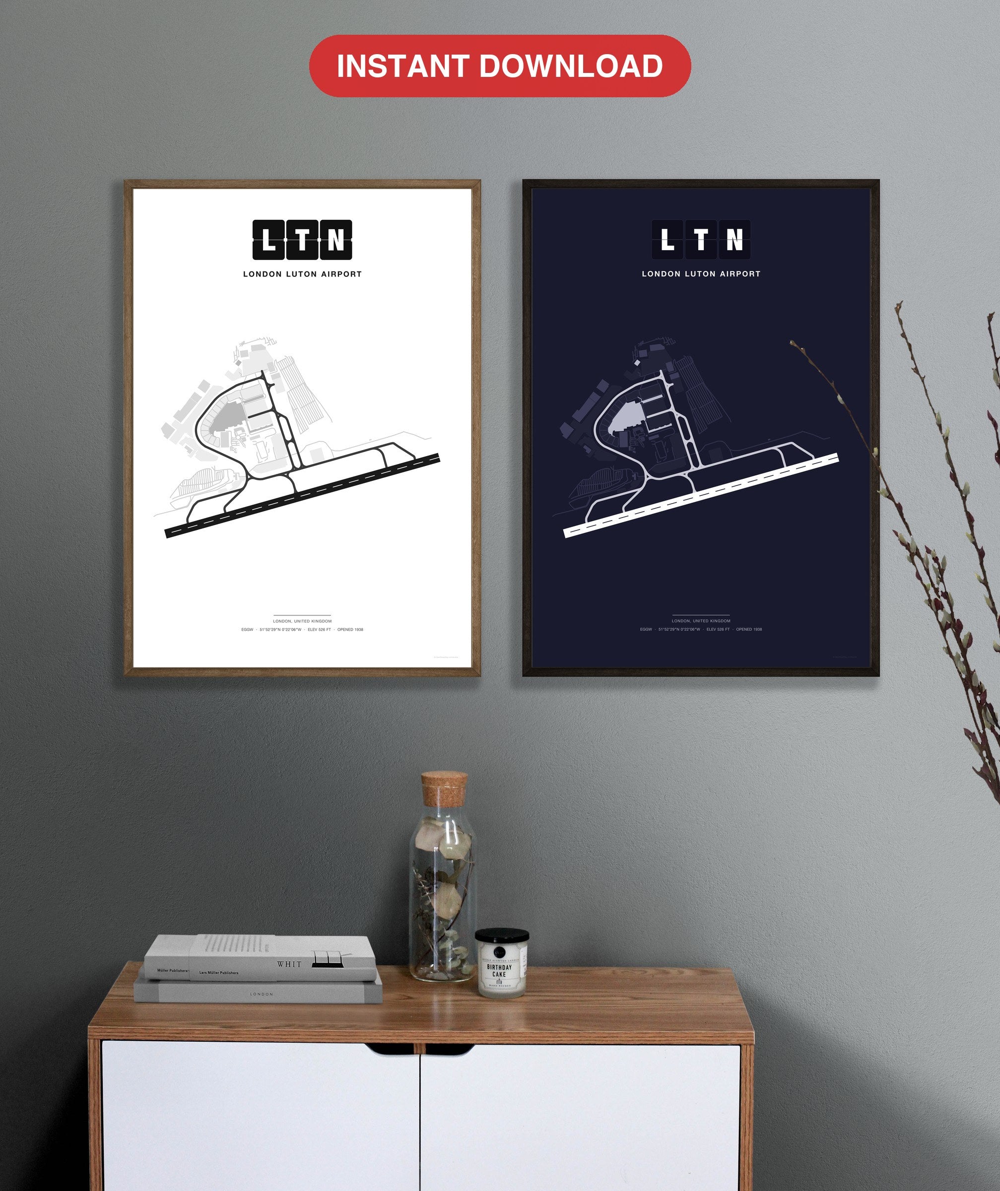 LTN London Luton Airport map - Classic and Dark styles, instant download