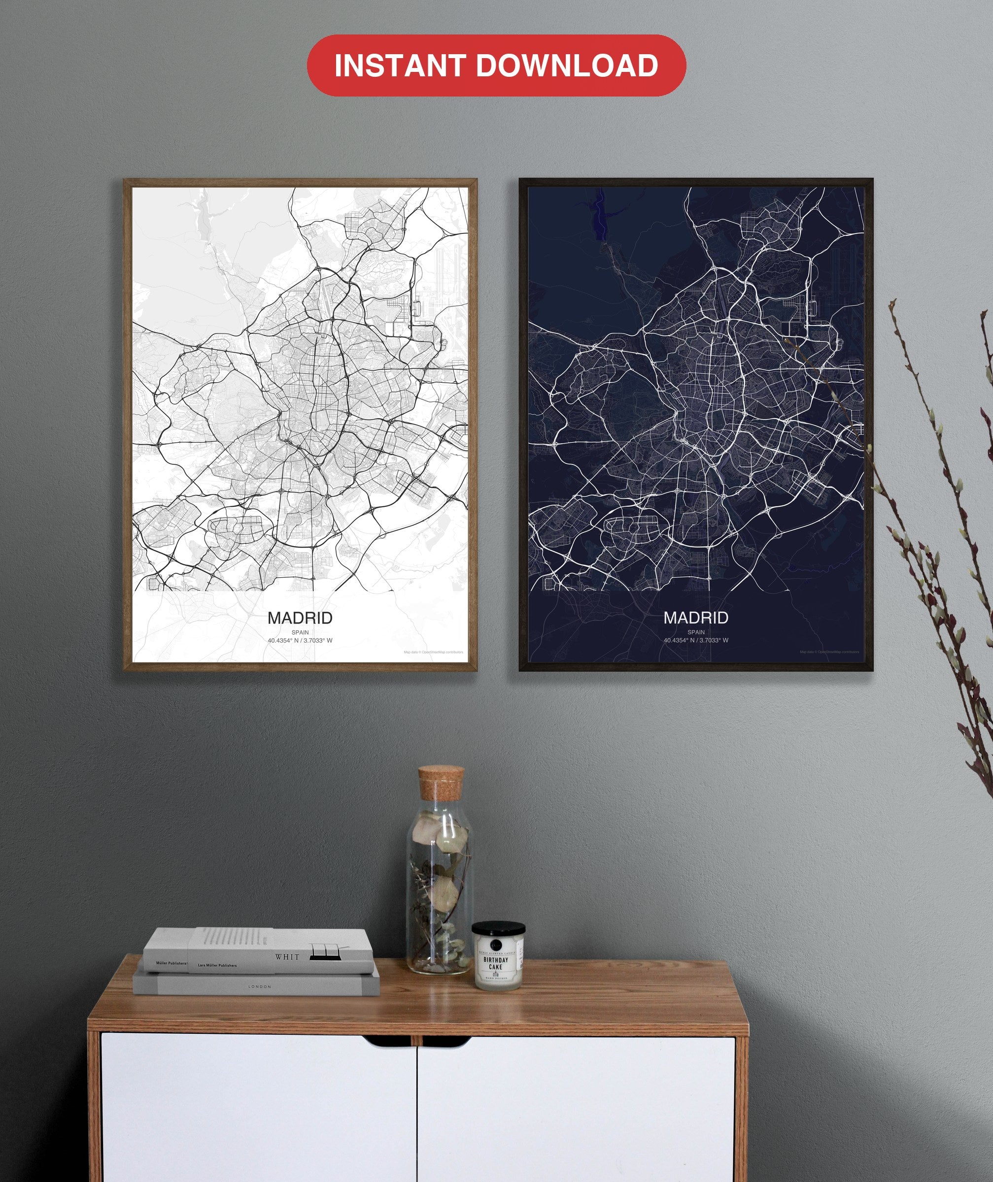 Madrid map digital download - Classic and Dark styles, instant download