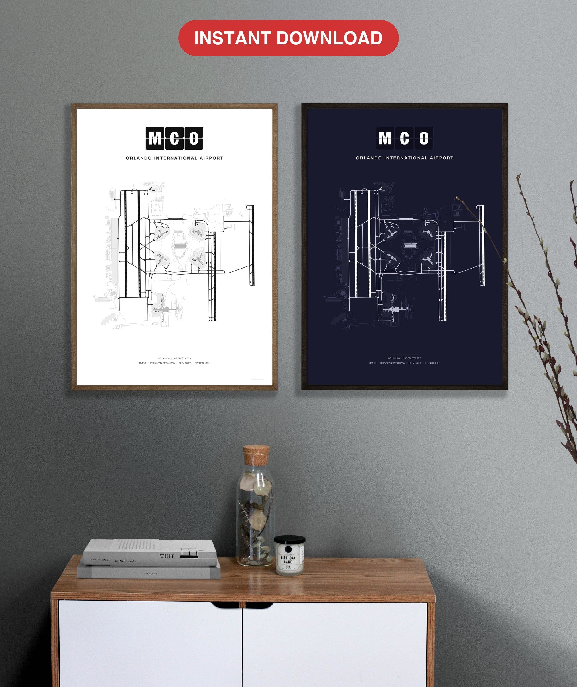 MCO Orlando International Airport map - Classic and Dark styles, instant download