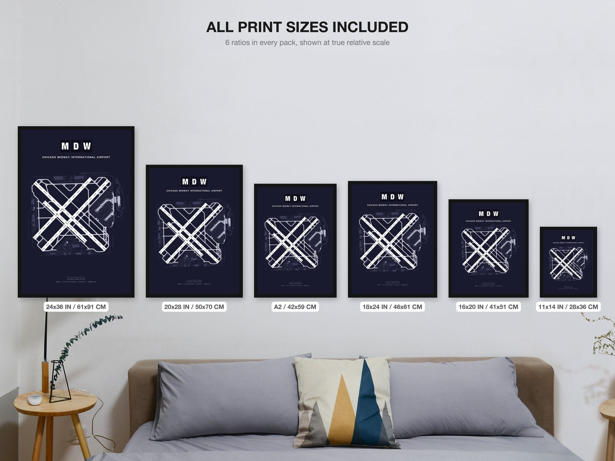 MDW Chicago Midway International Airport map - all print sizes included, Dark