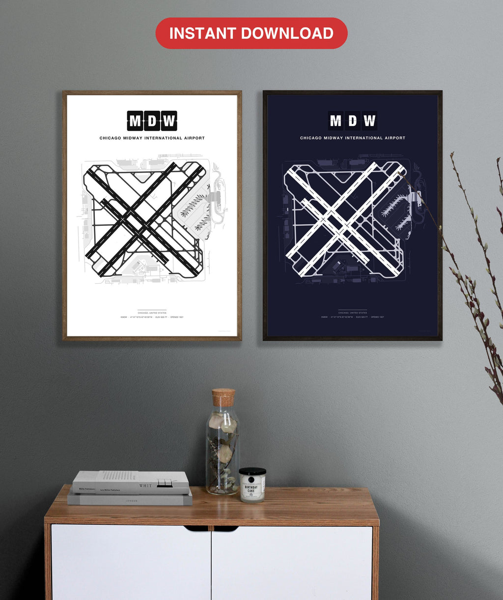 MDW Chicago Midway International Airport map - Classic and Dark styles, instant download