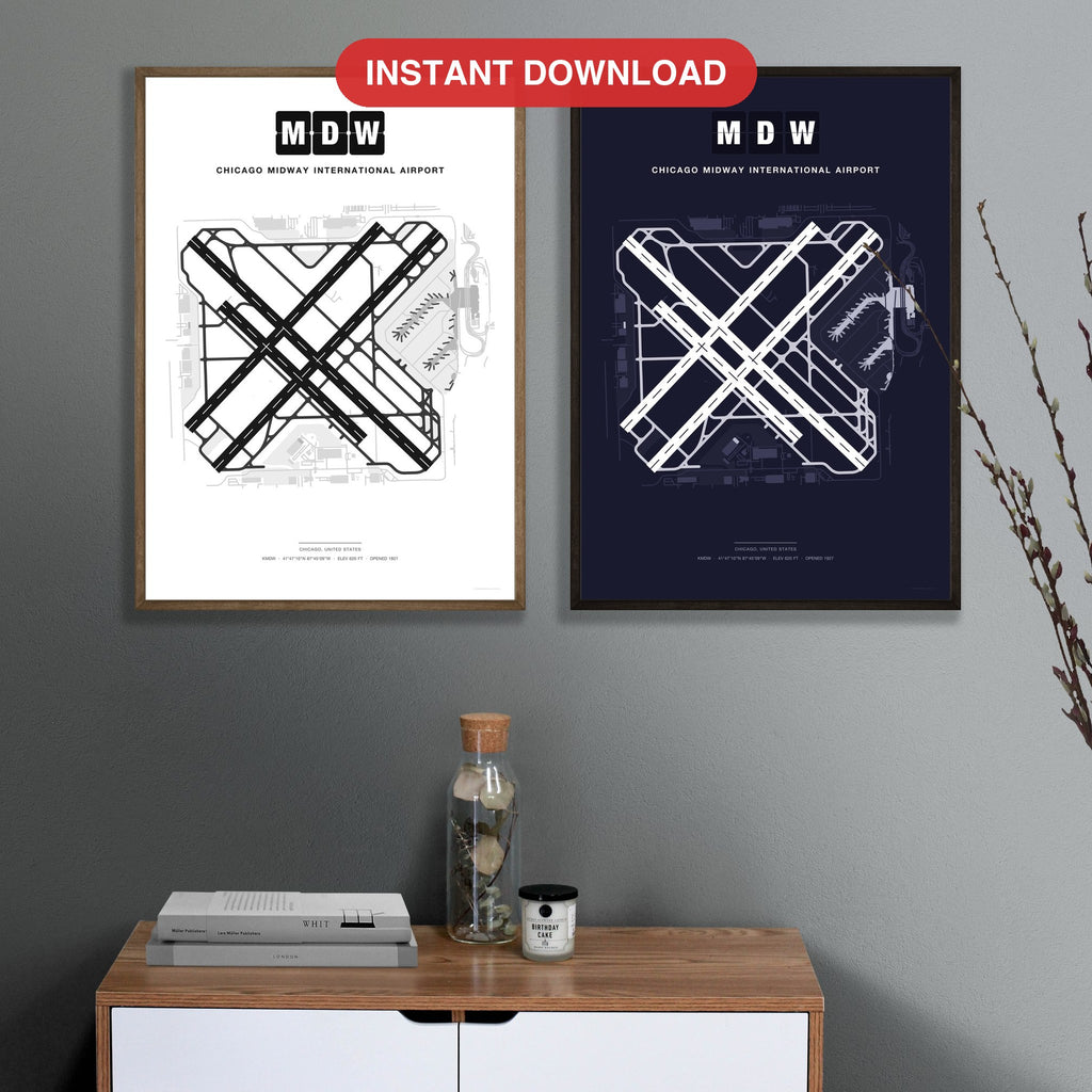 MDW Chicago Midway International Airport map - Classic and Dark styles, instant download, square lead