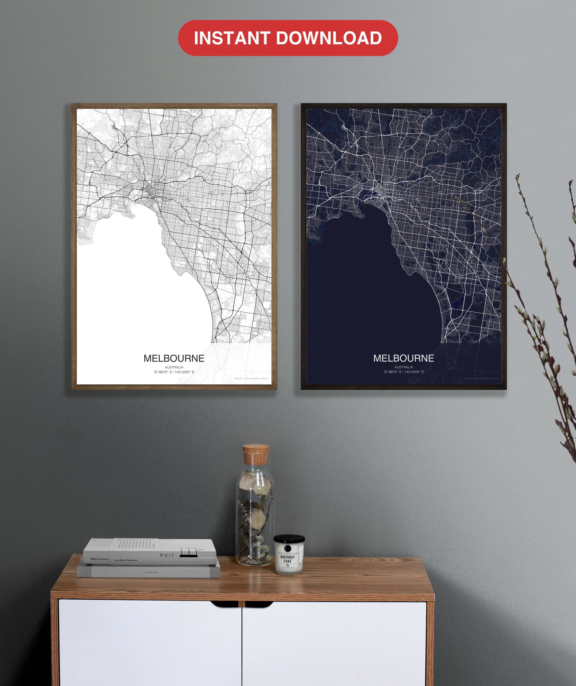 Melbourne map digital download - Classic and Dark styles, instant download