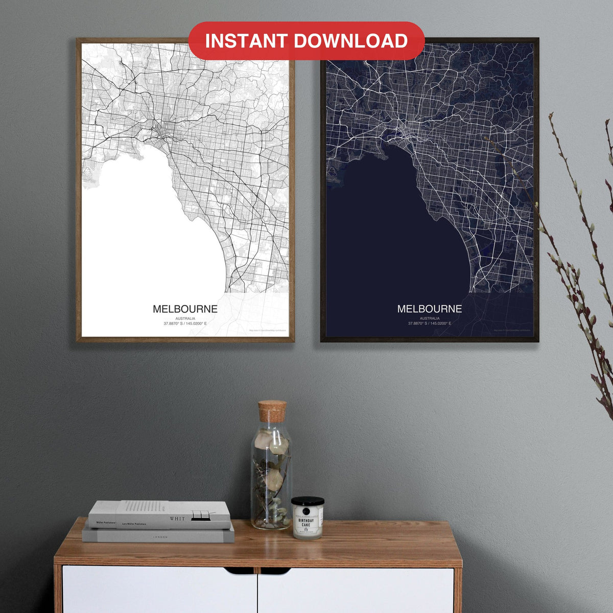 Melbourne map digital download - Classic and Dark styles, instant download, square lead