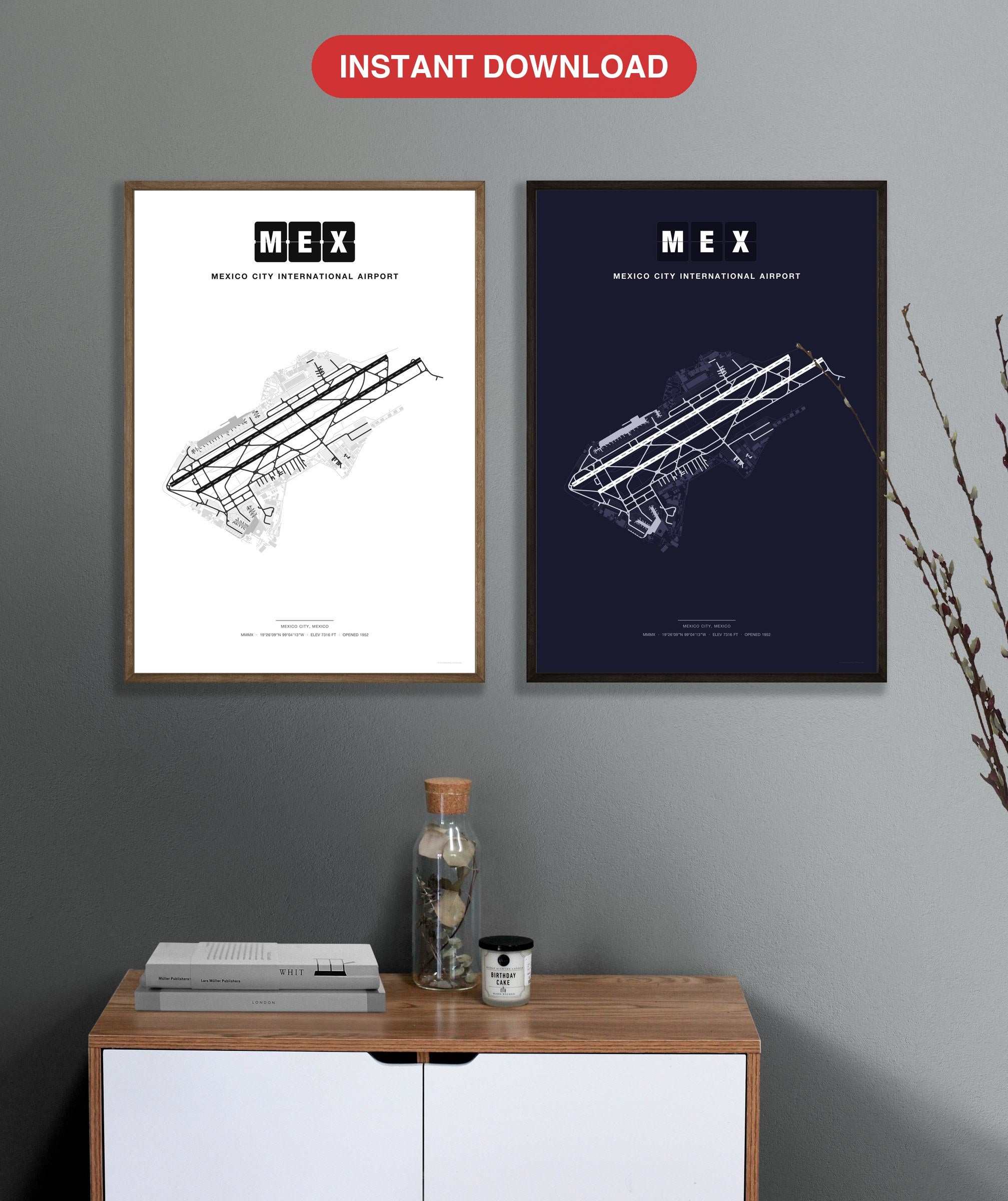 MEX Mexico City International Airport map - Classic and Dark styles, instant download