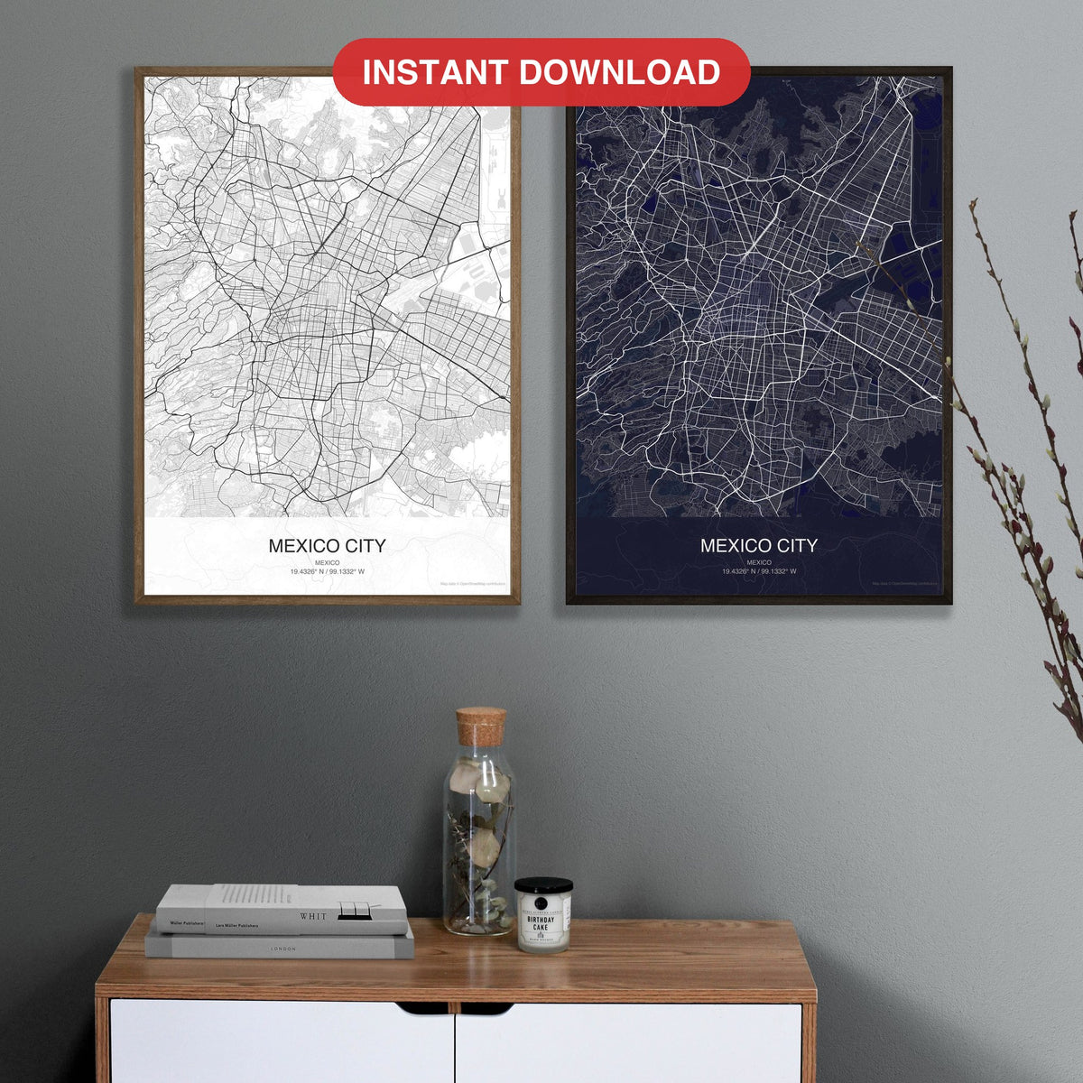 Mexico City map digital download - Classic and Dark styles, instant download, square lead