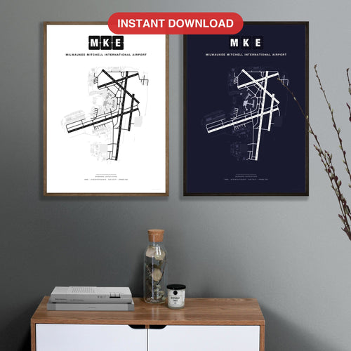 MKE Milwaukee Mitchell International Airport map - Classic and Dark styles, instant download, square lead