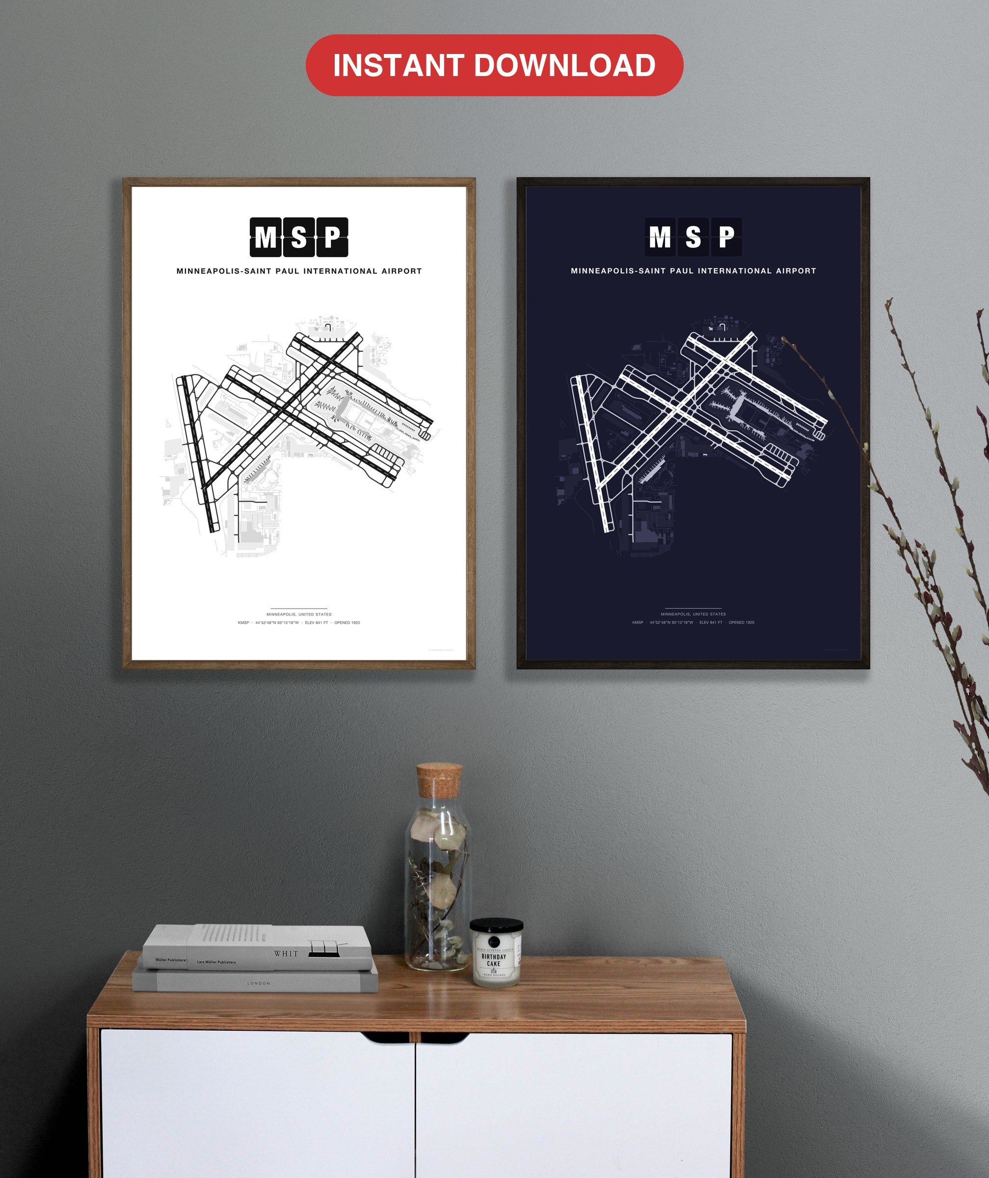 MSP Minneapolis-Saint Paul International Airport map - Classic and Dark styles, instant download