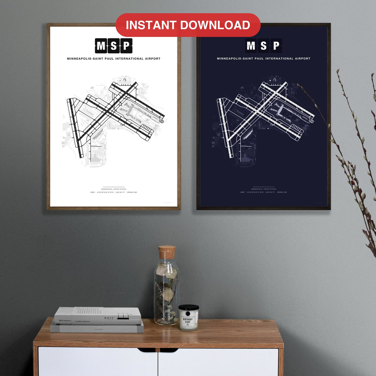 MSP Minneapolis-Saint Paul International Airport map - Classic and Dark styles, instant download, square lead