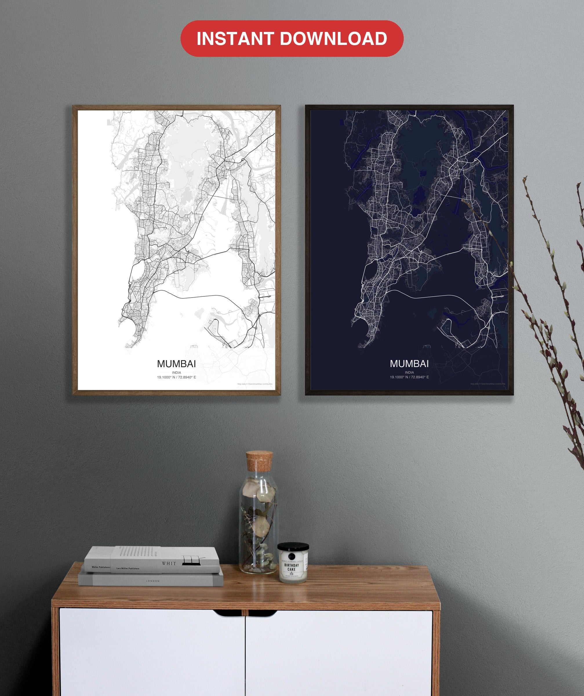 Mumbai map digital download - Classic and Dark styles, instant download
