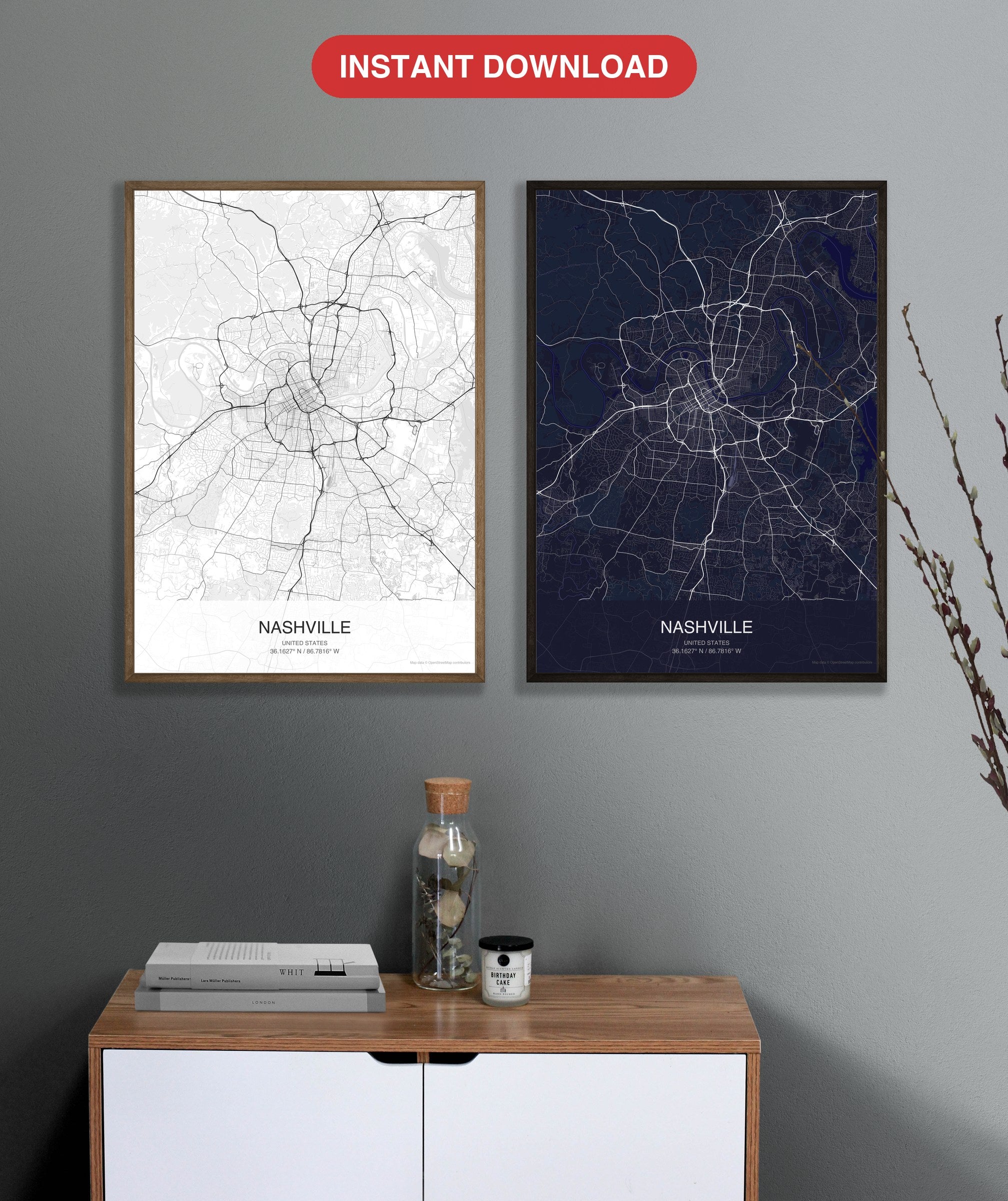 Nashville map digital download - Classic and Dark styles, instant download