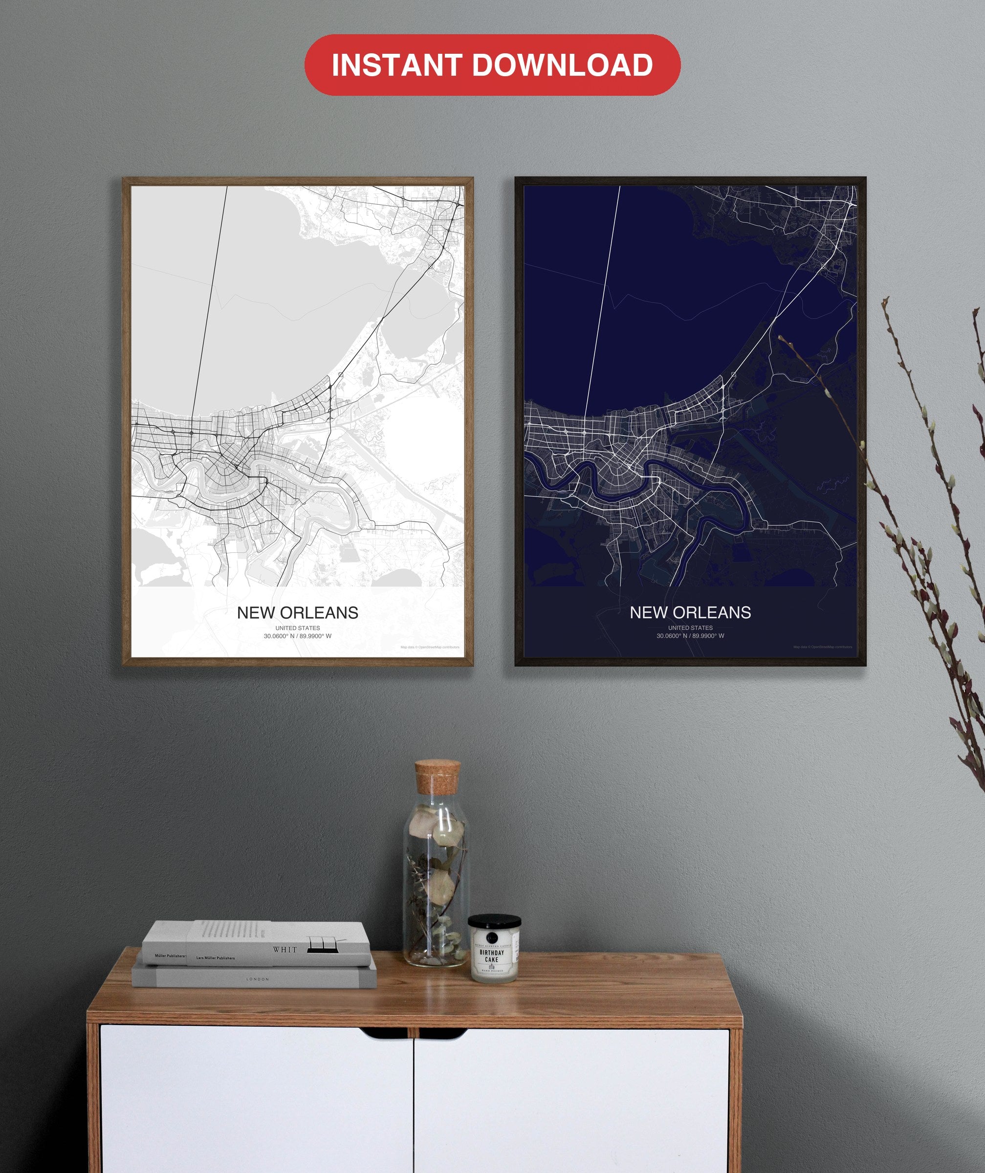 New Orleans map digital download - Classic and Dark styles, instant download