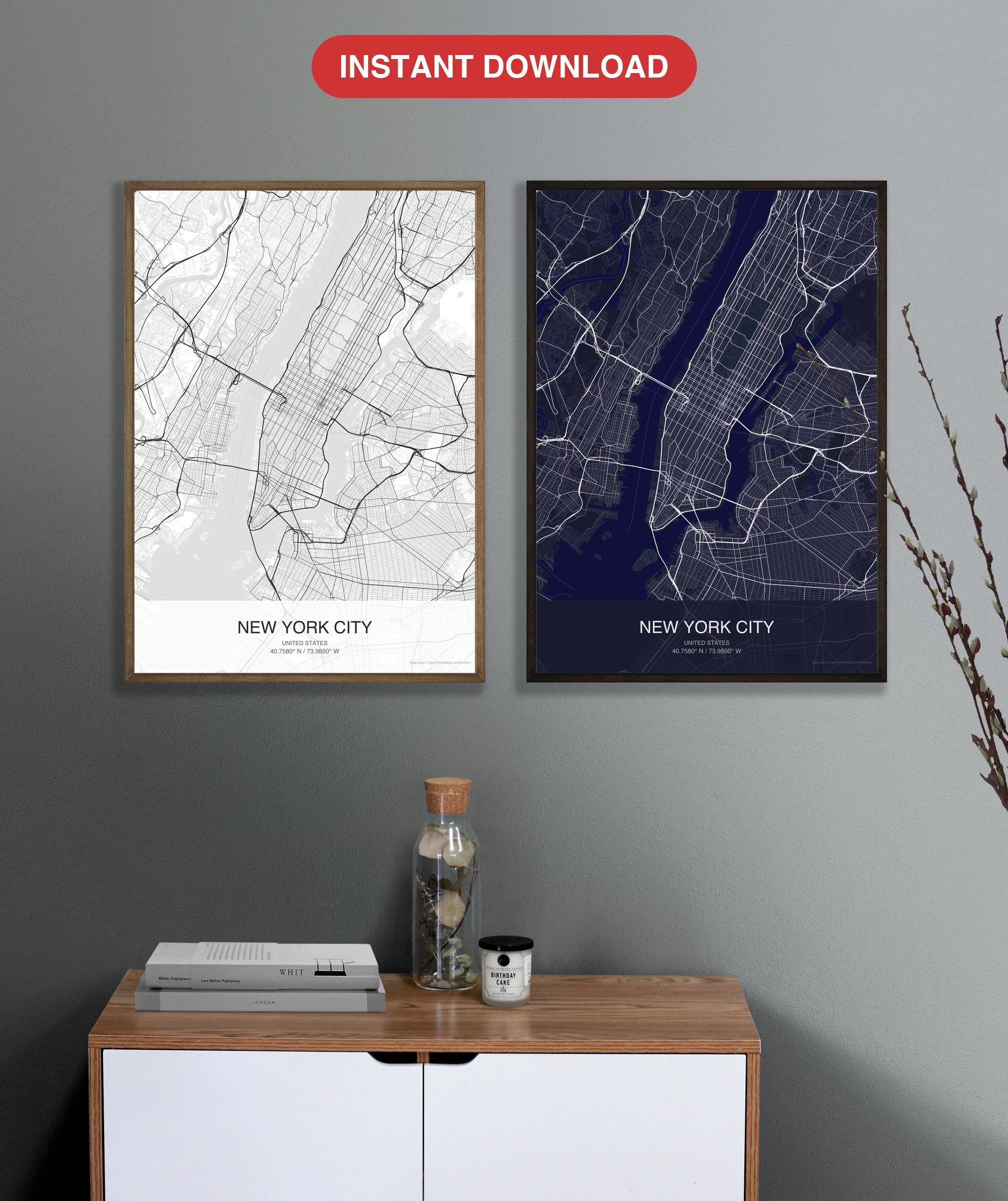 New York City map digital download - Classic and Dark styles, instant download