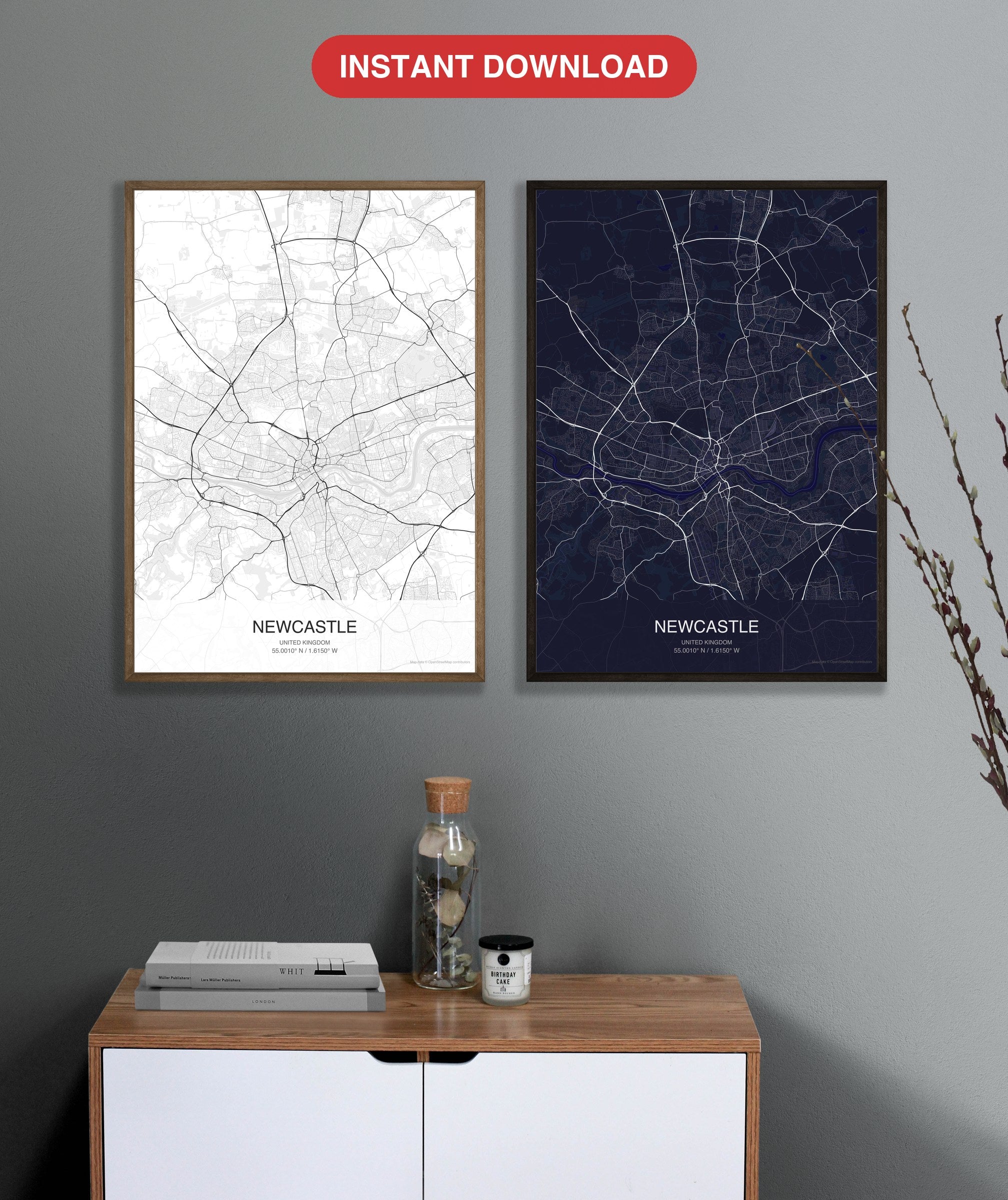 Newcastle map digital download - Classic and Dark styles, instant download