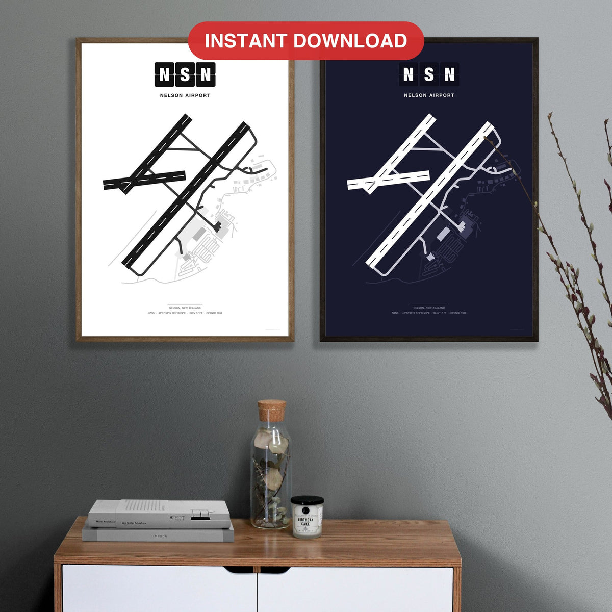 NSN Nelson Airport map - Classic and Dark styles, instant download, square lead