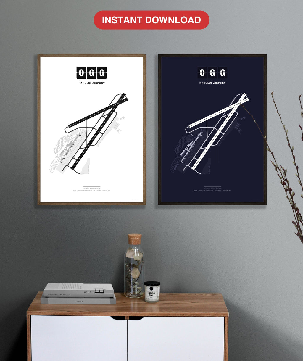 OGG Kahului Airport map - Classic and Dark styles, instant download