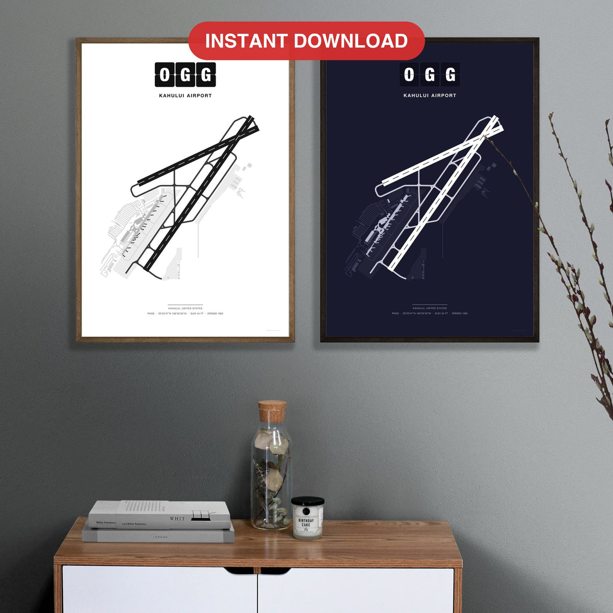 OGG Kahului Airport map - Classic and Dark styles, instant download, square lead