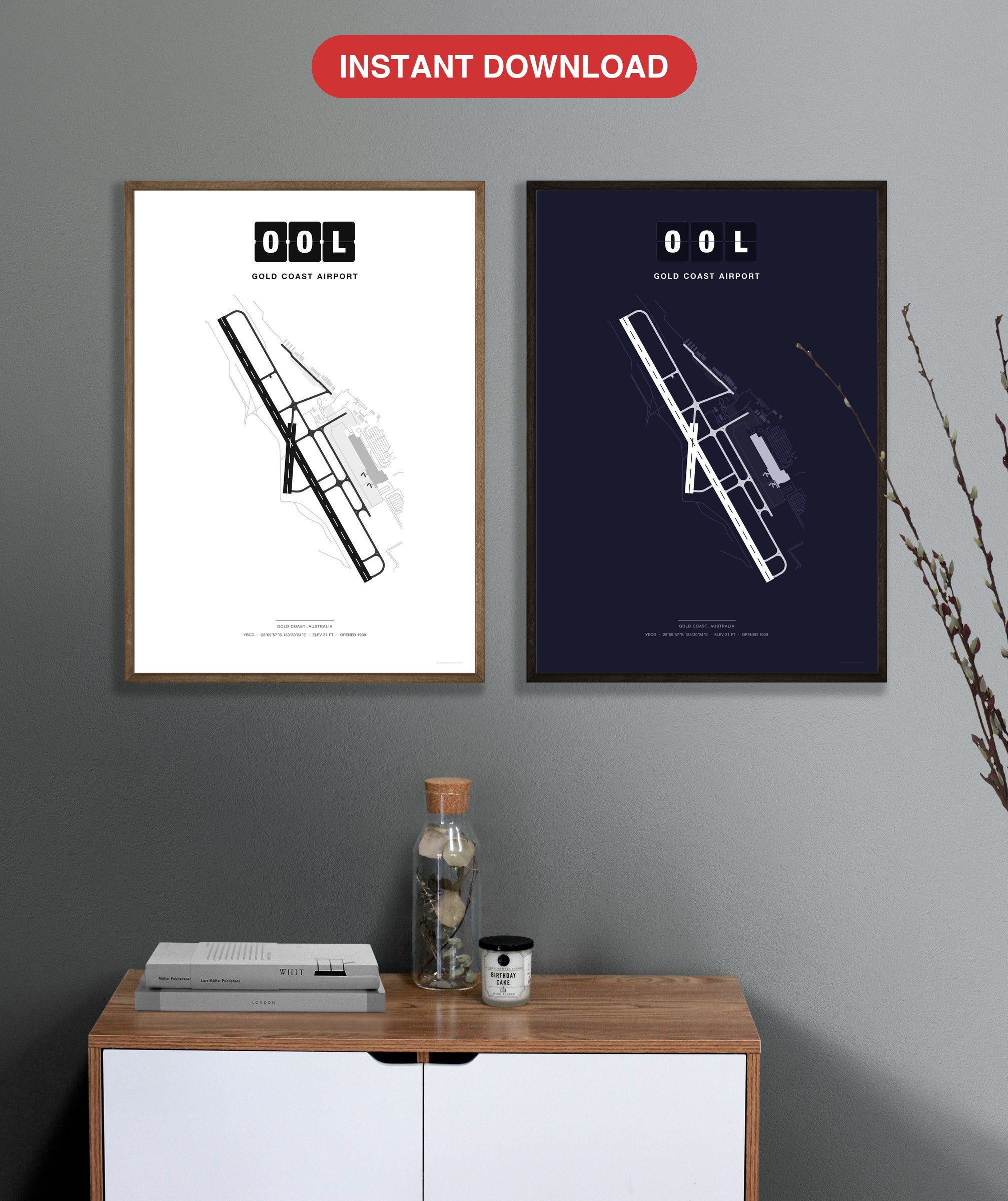 OOL Gold Coast Airport map - Classic and Dark styles, instant download