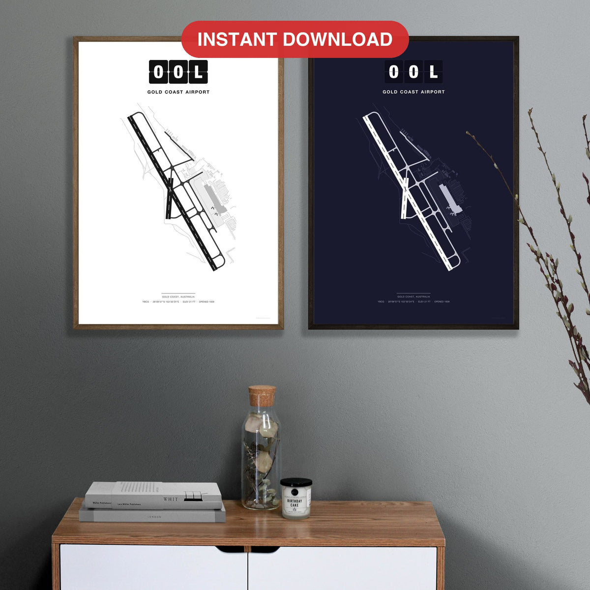 OOL Gold Coast Airport map - Classic and Dark styles, instant download, square lead