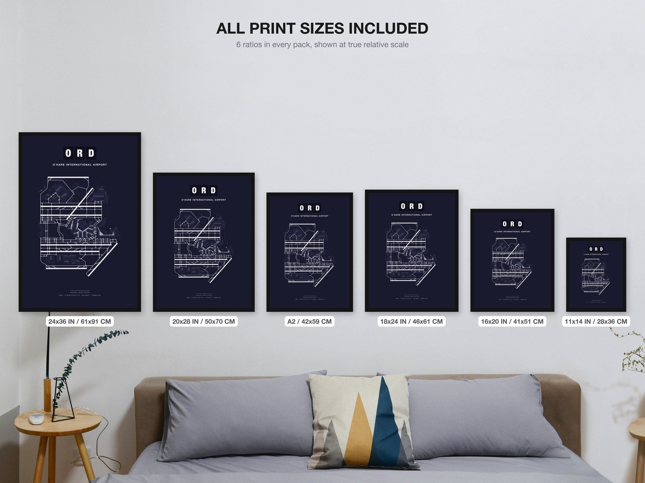 ORD O'Hare International Airport map - all print sizes included, Dark