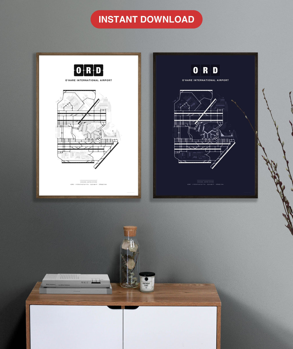 ORD O'Hare International Airport map - Classic and Dark styles, instant download